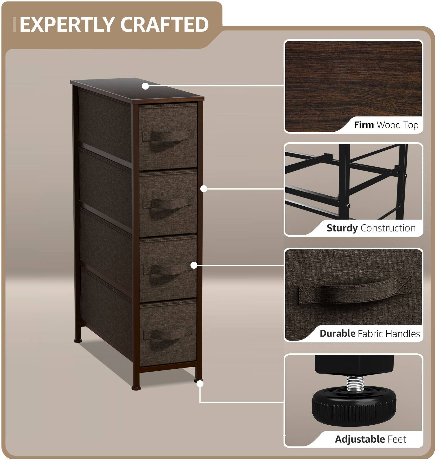 EXPERTLY CRAFTED

- Firm Wood Top
- Sturdy Construction
- Durable Fabric Handles
- Adjustable Feet