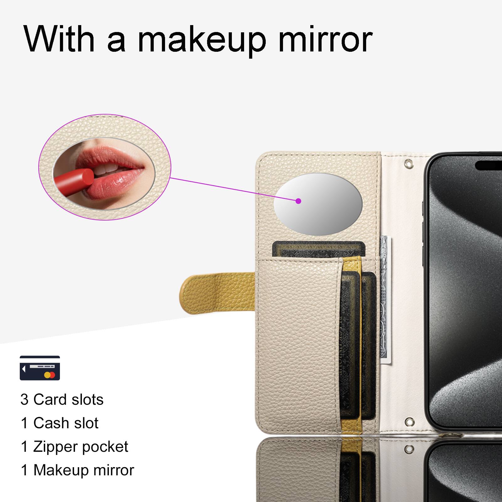 With a makeup mirror

3 Card slots  
1 Cash slot  
1 Zipper pocket  
1 Makeup mirror