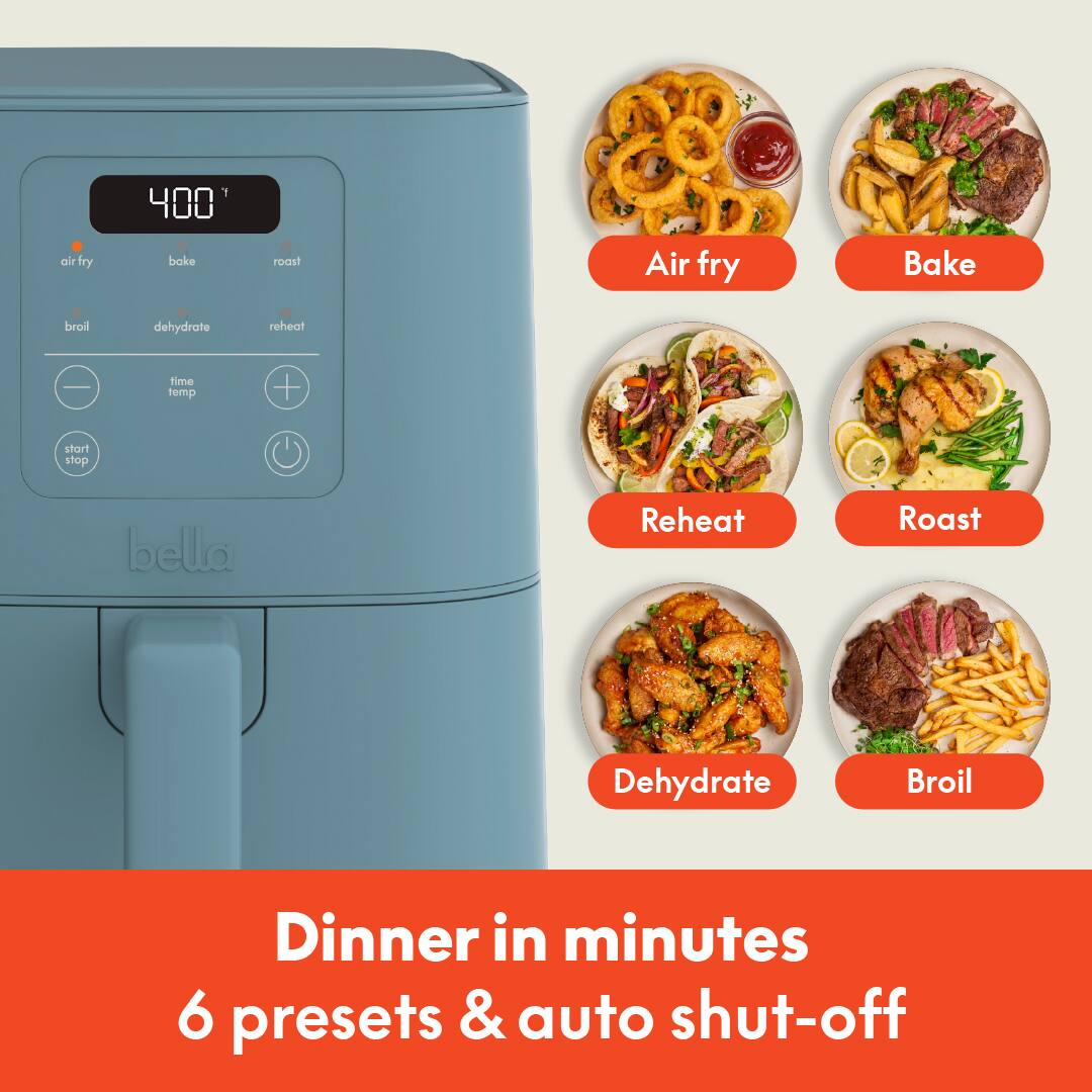 Air fry, Bake, Roast, Reheat, Dehydrate, Broil, Dinner in minutes 6 presets & auto shut-off