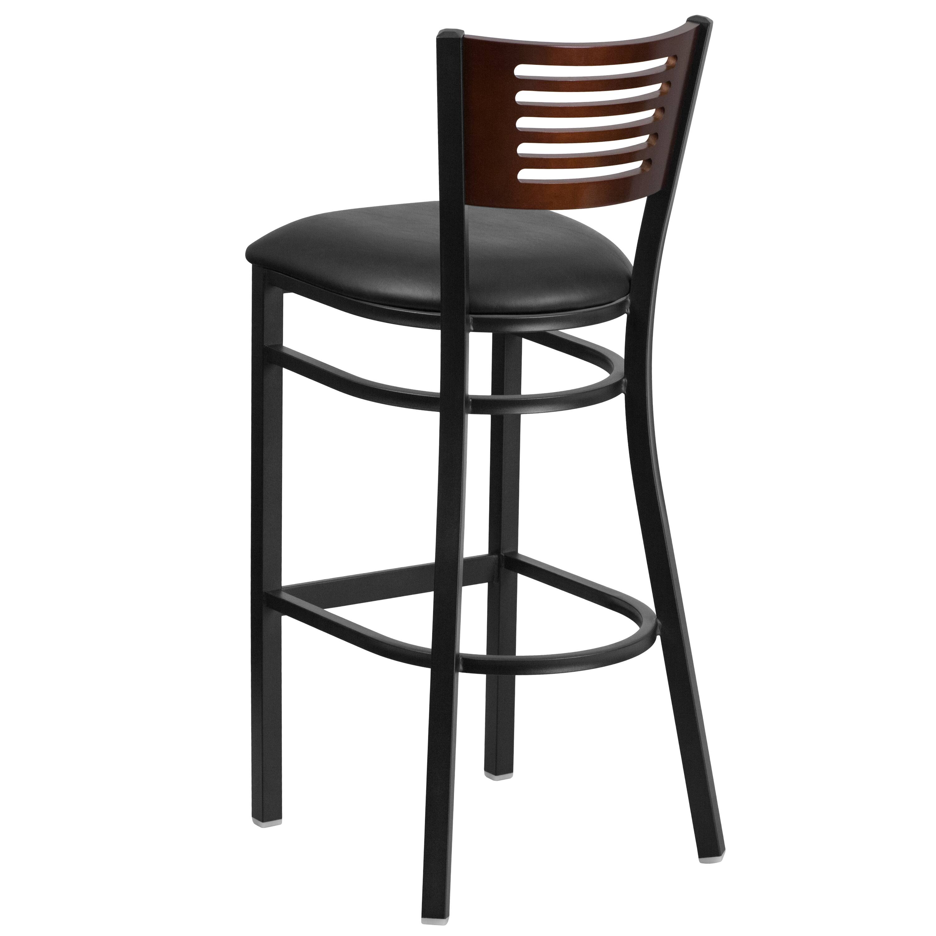 Alt View 5. Emma + Oliver - Decorative Slat Back Metal Restaurant Dining Barstool - Walnut Wood Back/Black Vinyl Seat/Black Metal.