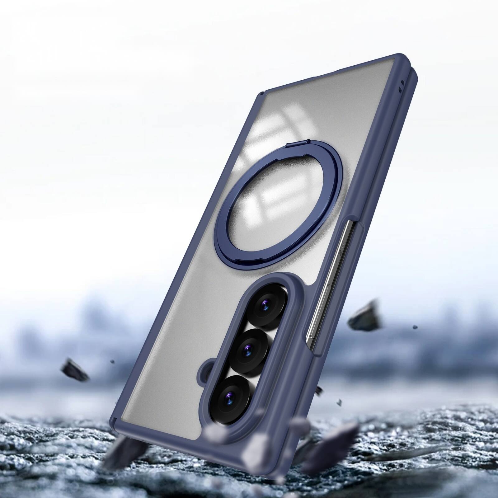Angle. Dteck - Shockproof Phone Case for Samsung Galaxy Z Fold8 Ultra with 360 Kickstand, Magnetic Matte Cover with Spine Hinge Defense - Blue.