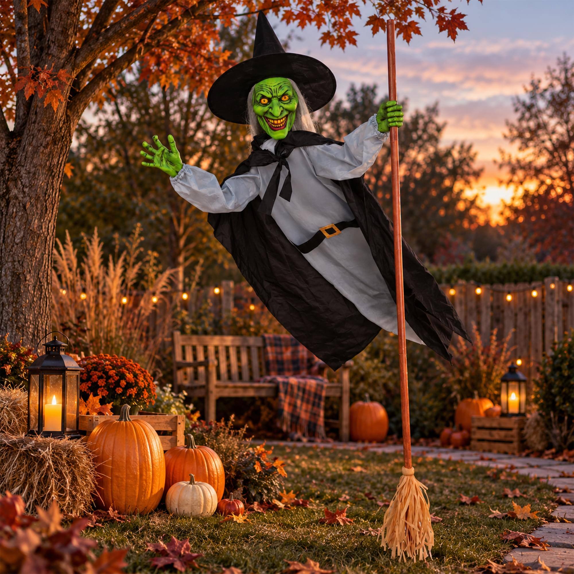 Alt View 3. Funworld - 5 Foot Flying Witch Halloween Yard Decor - Green.