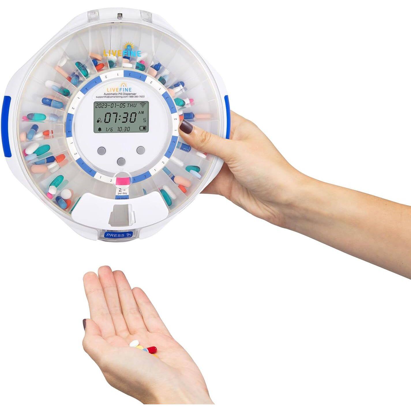 LIVEFINE  
Automatic Pill Dispenser  
support@lifefine.com  
1888-500-7422  

2023-01-05 THU  
07:30 AM  
1/6  
10:30  

PRESS