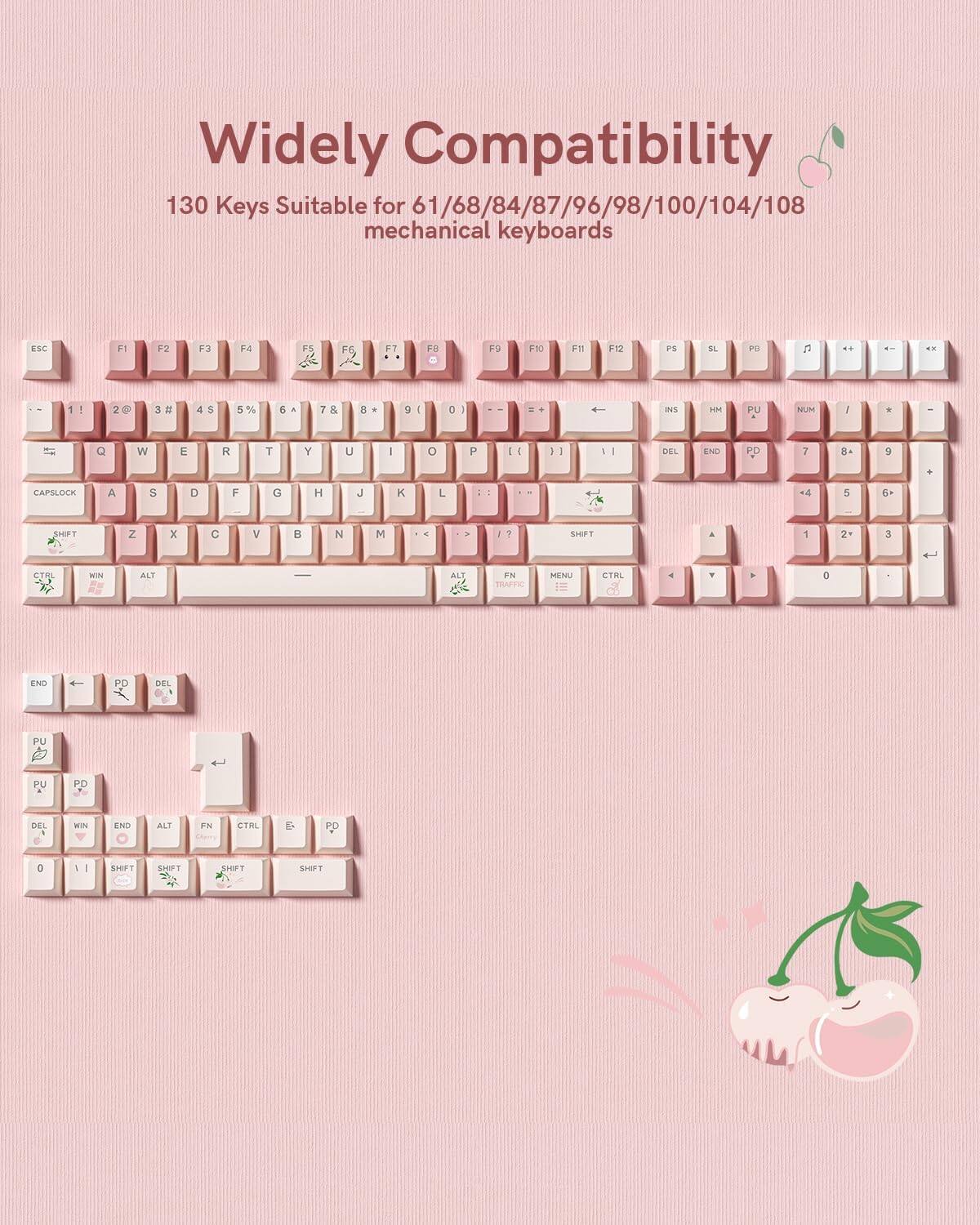 Widely Compatibility  
130 Keys Suitable for 61/68/84/87/96/98/100/104/108 mechanical keyboards  

ESC F1 F2 F3 F4 F5 F6 F7 F8 F9 F10 F11 F12 PS SL PB  
1 2 3 4 5 6 7 8 9 0 - = DEL  
Q W E R T Y U I O P [ ] \  
A S D F G H J K L ; ' RETURN  
Z X C V B N M , . /  
SHIFT CAPSLOCK FN ALT CTRL  
INS HOME PGUP PGDN END PGDN  
DEL WIN END ALT FN CTRL  
0 1 2 3 4 5 6 7 8 9 . SHIFT  
SHIFT SHIFT SHIFT SHIFT SHIFT  
SHIFT SHIFT SHIFT SHIFT SHIFT  
SHIFT SHIFT SHIFT SHIFT SHIFT  
SHIFT SHIFT SHIFT SHIFT SHIFT  
SHIFT SHIFT SHIFT SHIFT SHIFT  
SHIFT SHIFT SHIFT SHIFT SHIFT  
SHIFT SHIFT SHIFT SHIFT SHIFT  
SHIFT SHIFT SHIFT SHIFT SHIFT  
SHIFT SHIFT SHIFT SHIFT SHIFT  
SHIFT SHIFT SHIFT SHIFT SHIFT  
SHIFT SHIFT SHIFT SHIFT SHIFT  
SHIFT SHIFT SHIFT SHIFT SHIFT  
