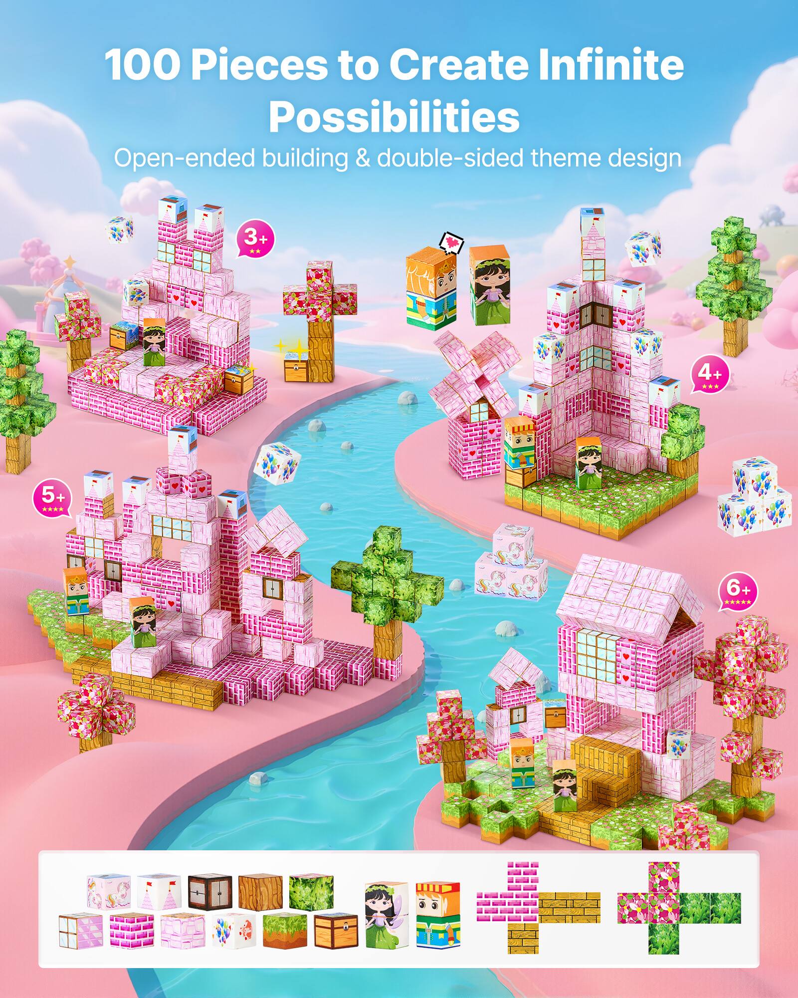 100 Pieces to Create Infinite Possibilities
Open-ended building & double-sided theme design
3+
4+
5+
6+