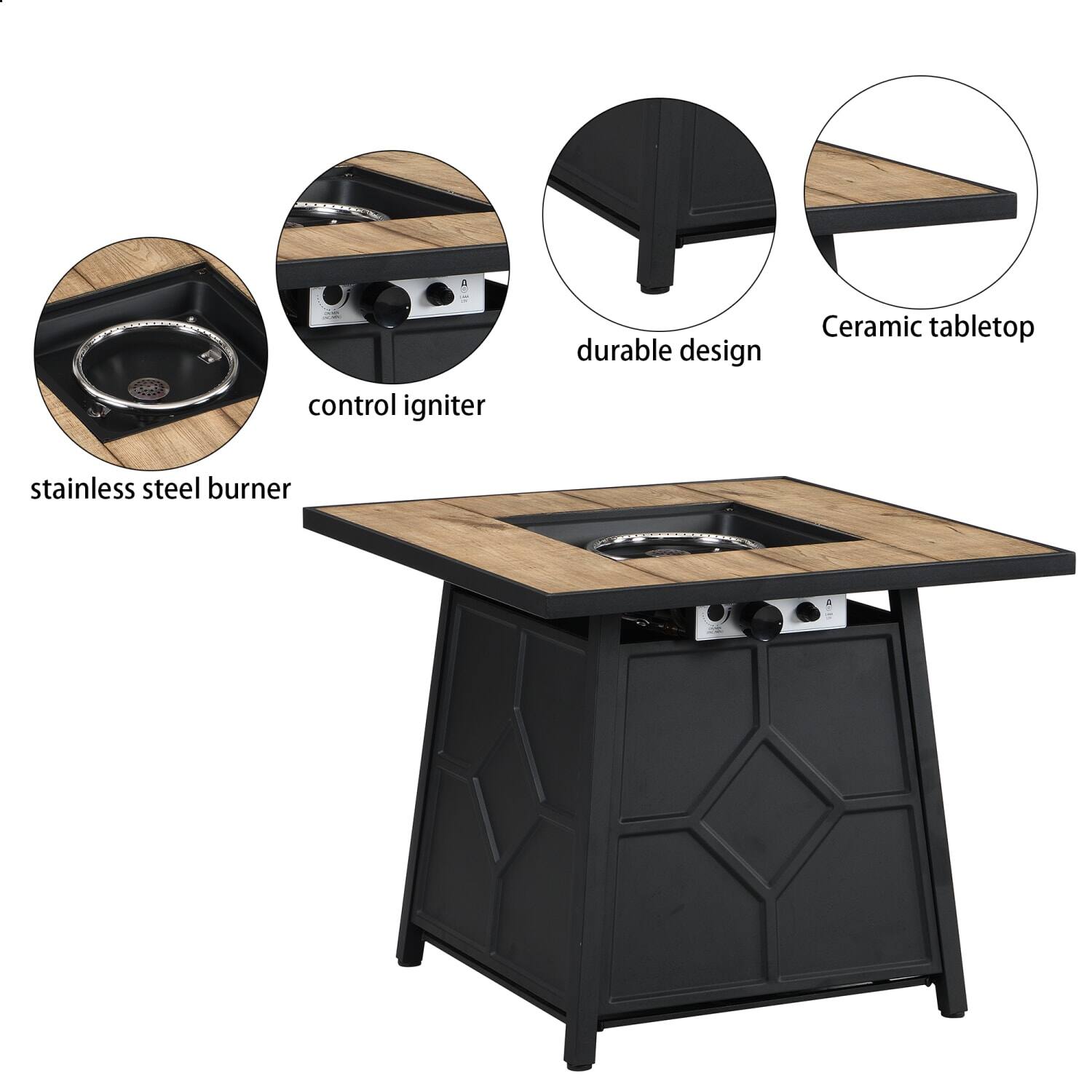 - Stainless steel burner
- Control igniter
- Durable design
- Ceramic tabletop