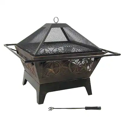 Front. Sunnydaze - 32 in Northern Galaxy Steel Fire Pit with Grate, Screen and Poker - Bronze.