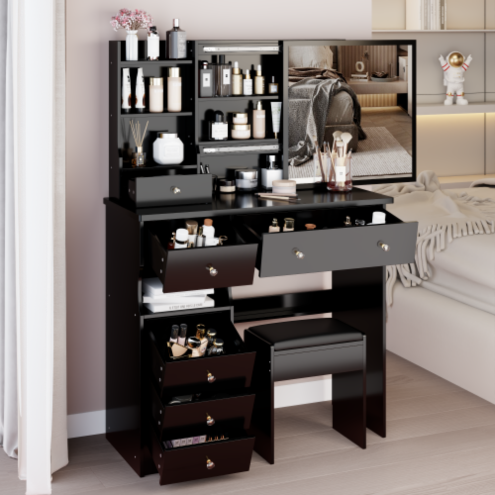 Angle. LUCKY ONE - 37in Vanity Set with Large Sliding Mirror, Multi-Layer Storage and Stool for Bedroom - Black.