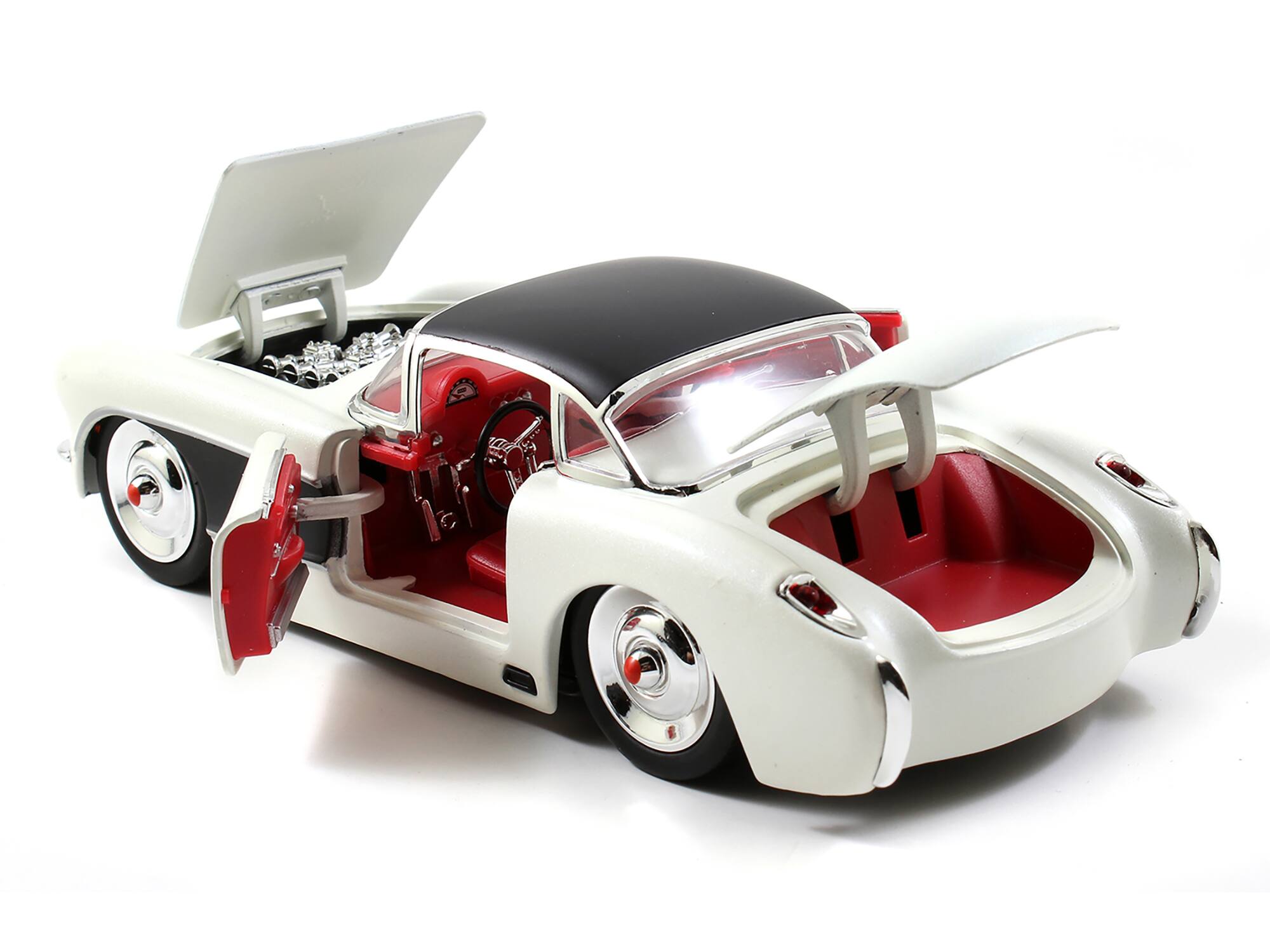 Alt View 6. Jada - 1957 Chevrolet Corvette Satin Cream Metallic with Matt Black Top and Side 1/24 Diecast Model Car by Jada.
