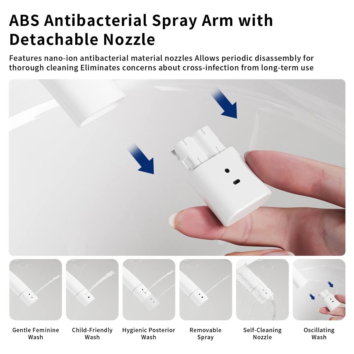 ABS Antibacterial Spray Arm with Detachable Nozzle

Features nano-ion antibacterial material nozzles. Allows periodic disassembly for thorough cleaning. Eliminates concerns about cross-infection from long-term use.

Gentle Feminine Wash
Child-Friendly Wash
Hygienic Posterior Wash
Removable Spray
Self-Cleaning Nozzle
Oscillating Wash