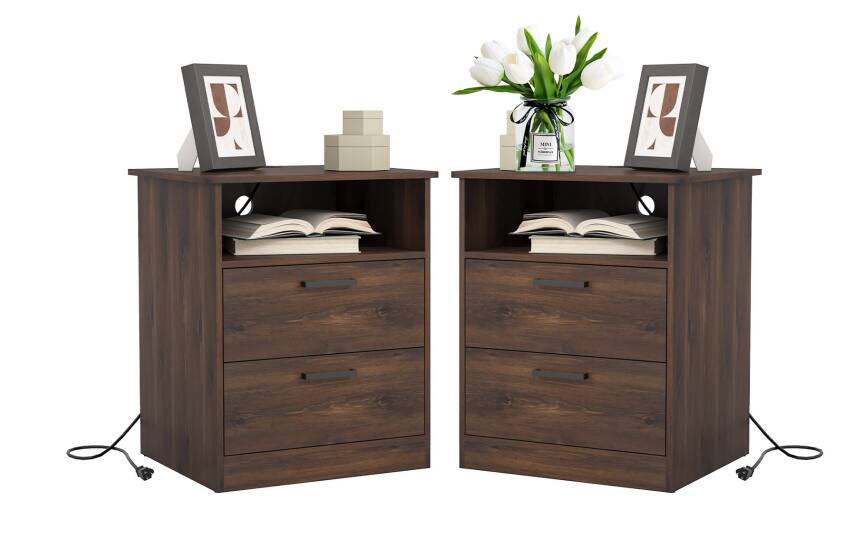Left. Spaco - Spaco Set of 2 Nightstand with 2 Drawers, Fast Charging Station, USB C, AC Outlets,Bedside Table for Bedroom Living Room - Brown.
