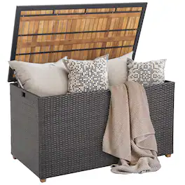 WELLFOR - 134 Gallon Rattan Storage Box with Zippered Liner and Solid Acacia Wood Top - Brown