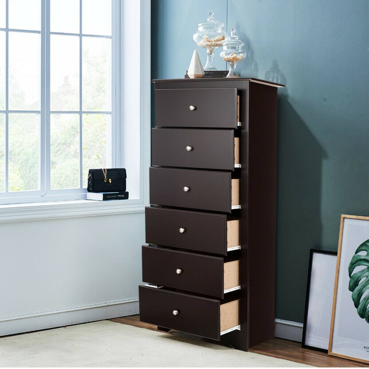 Alt View 3. Costway - Costway 6 Drawer Chest Dresser Clothes Storage Bedroom Tall Furniture Cabinet - Brown.