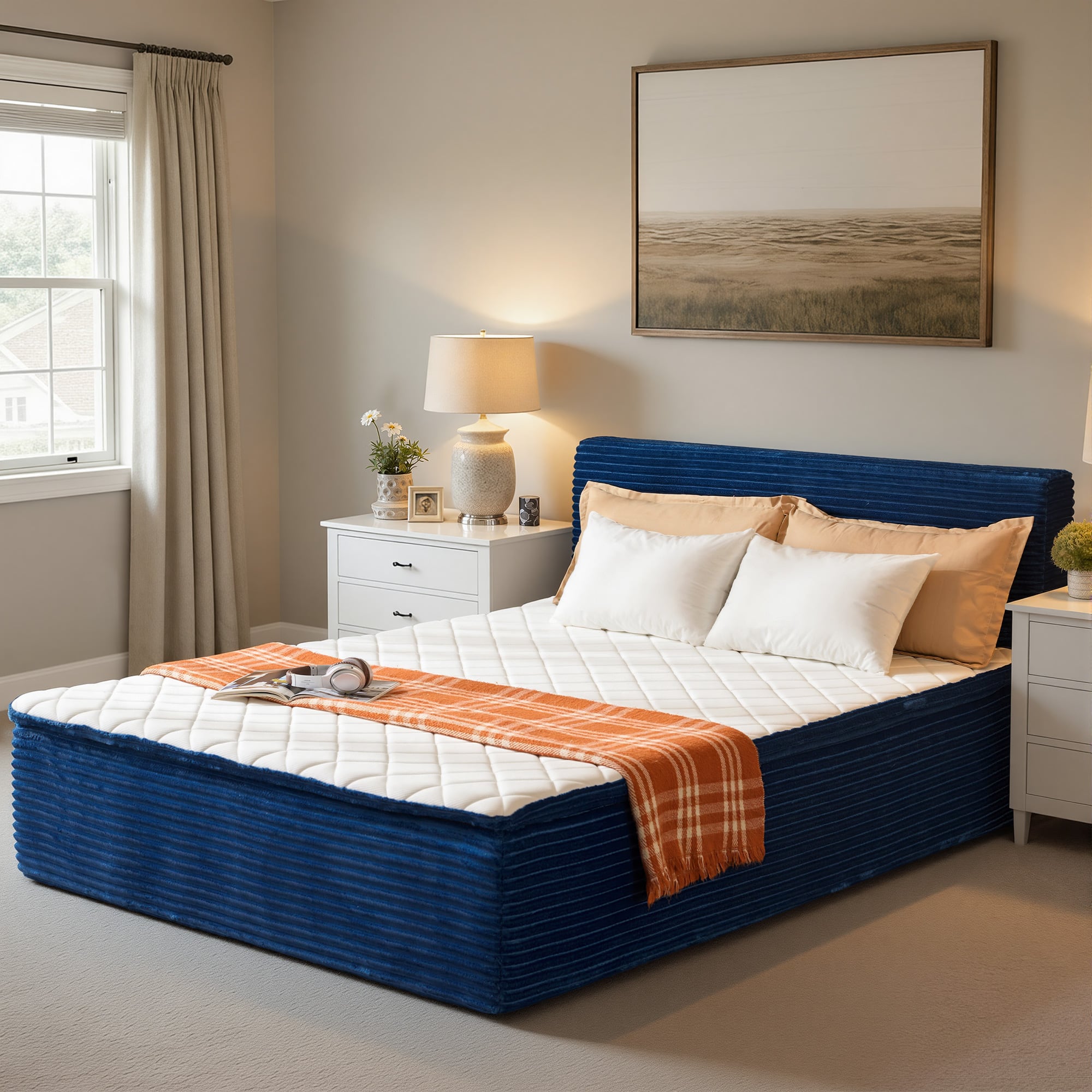 Ovios - Queen 16" Plush Mattress with Memory Form in a Box, Detachable Headboard Included - Blue