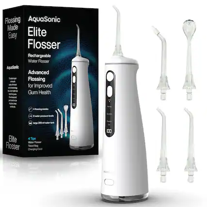 Flossing Made Easy
AquaSonic Elite Flosser
Rechargeable Water Flosser
Advanced Flossing for Improved Gum Health
- 4 Flossing modes
- 8 water pressure levels
- Large 300 ml water tank
4 Tips
Water Flosser
Travel Bag
Charging Cord
AquaSonic
Transform your smile with state-of-the-art clinical technology for healthier gums and teeth. Developed and patented in the USA.
Elite Flosser