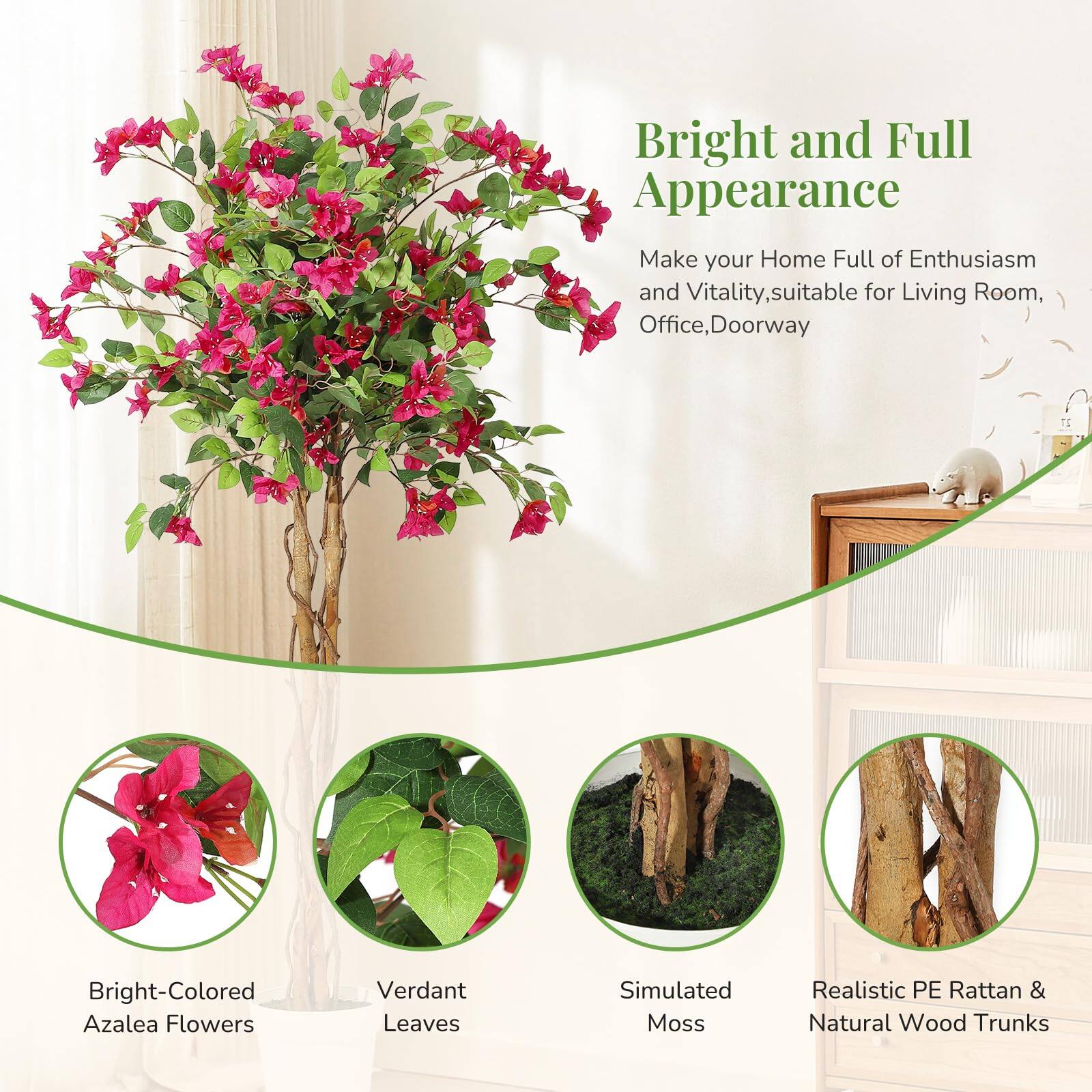 Bright and Full Appearance  
Make your Home Full of Enthusiasm and Vitality, suitable for Living Room, Office, Doorway  

16 Bright-Colored Azalea Flowers  
Verdant Leaves  
Simulated Moss  
Realistic PE Rattan & Natural Wood Trunks