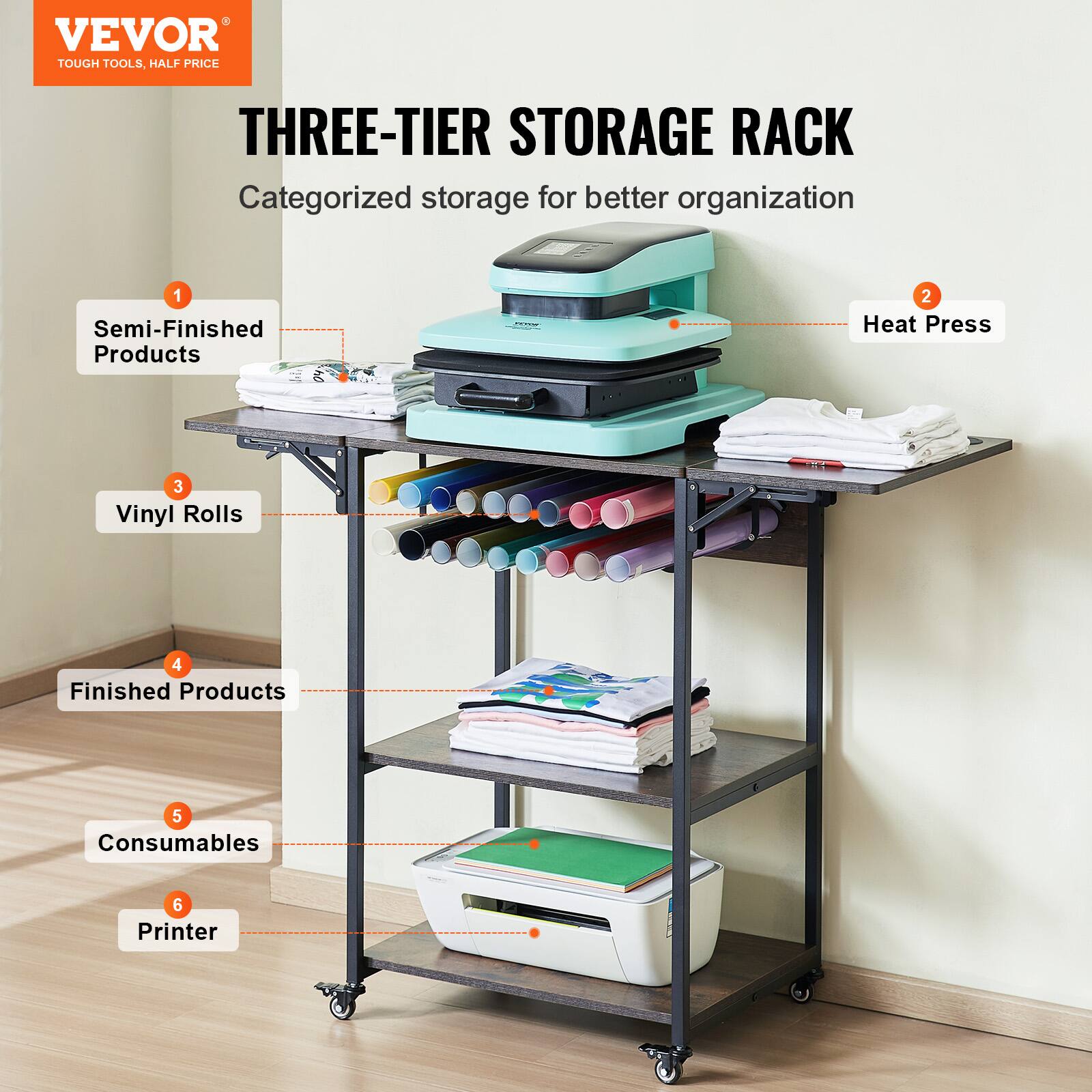 VEVOR  
TOUGH TOOLS, HALF PRICE  

THREE-TIER STORAGE RACK  
Categorized storage for better organization  

1. Semi-Finished Products  
2. Heat Press  
3. Vinyl Rolls  
4. Finished Products  
5. Consumables  
6. Printer