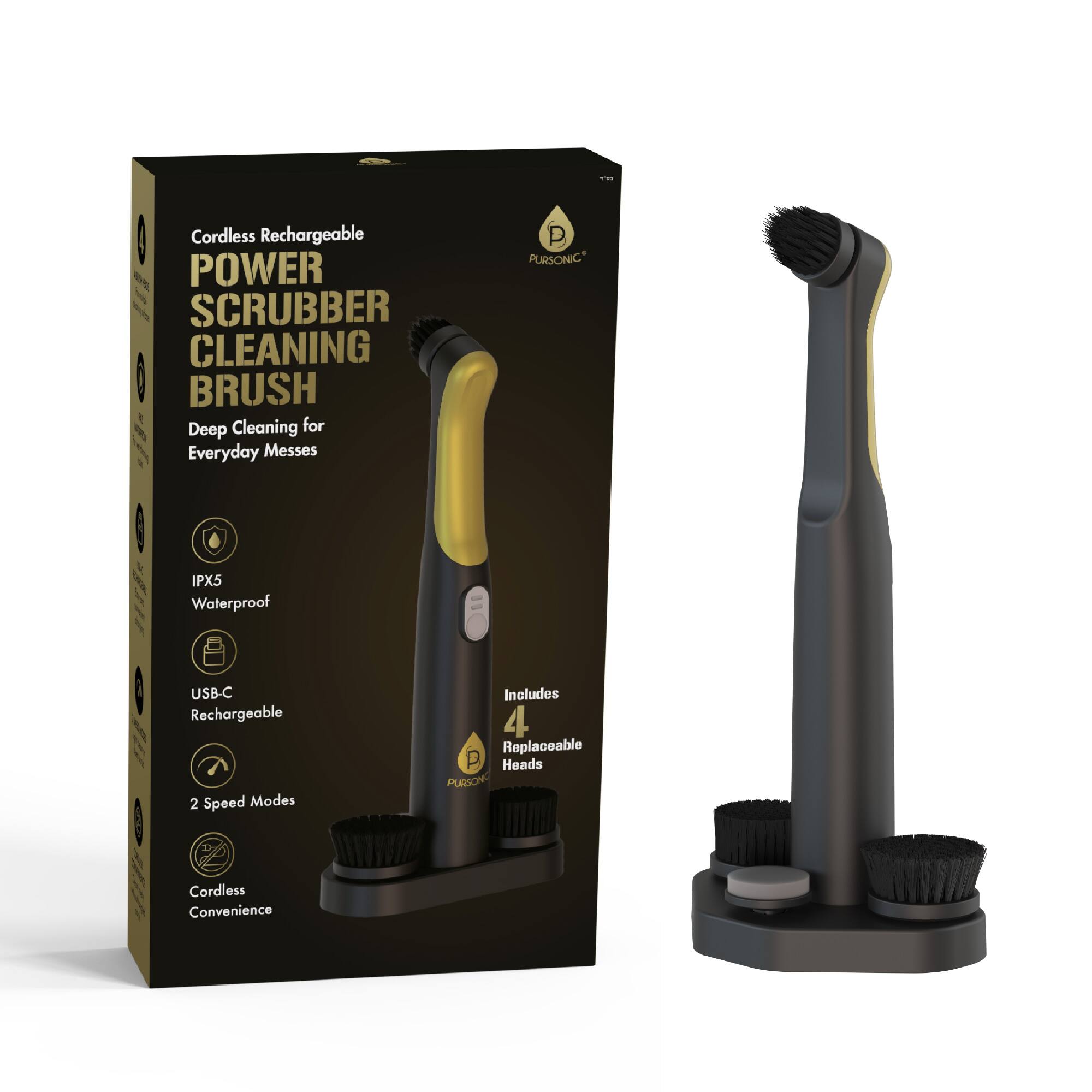 Cordless Rechargeable POWER SCRUBBER CLEANING BRUSH  
Deep Cleaning for Everyday Messes  
IPX5 Waterproof  
USB-C Rechargeable  
2 Speed Modes  
Includes 4 Replaceable Heads  
PURSONIC Cordless Convenience