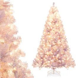 Costway - 7.5 FT Artificial Tinsel Christmas Tree with 550 Lights, 8 Modes, 1300 Branch Tips - Lavender Purple