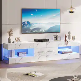 Bestier - 67 Inch TV Stand for 75 Inch TVs, Entertainment Center with Storage Drawer and LED Lights - White Glossy Marble