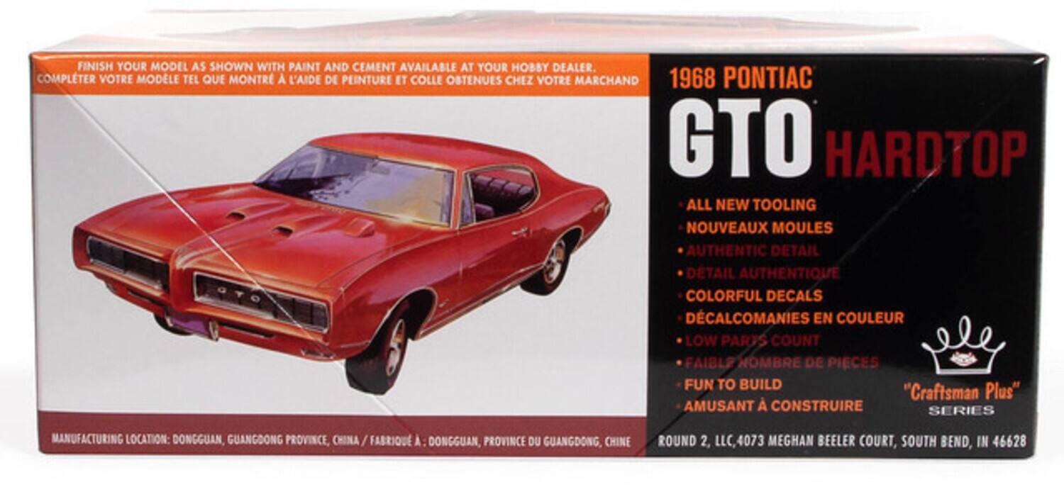 FINISH YOUR MODEL AS SHOWN WITH PAINT AND CEMENT AVAILABLE AT YOUR HOBBY DEALER.  
COMPLÉTER VOTRE MODÈLE TEL QUE MONTRÉ À L'AIDE DE PEINTURE ET COLLE OBTENUES CHEZ VOTRE MARCHAND.

1968 PONTIAC GTO HARDTOP  
ALL NEW TOOLING  
NOUVEAUX MOULES  
AUTHENTIC DETAIL  
DÉTAIL AUTHENTIQUE  
COLORFUL DECALS  
DÉCALCOMANIES EN COULEUR  
LOW PARTS COUNT  
FAIBLE NOMBRE DE PIÈCES  
FUN TO BUILD  
AMUSANT À CONSTRUIRE  

"Craftsman Plus" SERIES  

MANUFACTURING LOCATION: DONGGUAN, GUANGDONG PROVINCE, CHINA / FABRIQUÉ À: DONGGUAN, PROVINCE DU GUANGDONG, CHINE  

ROUND 2, LLC, 4073 MEGHAN BEELER COURT, SOUTH BEND, IN 46628