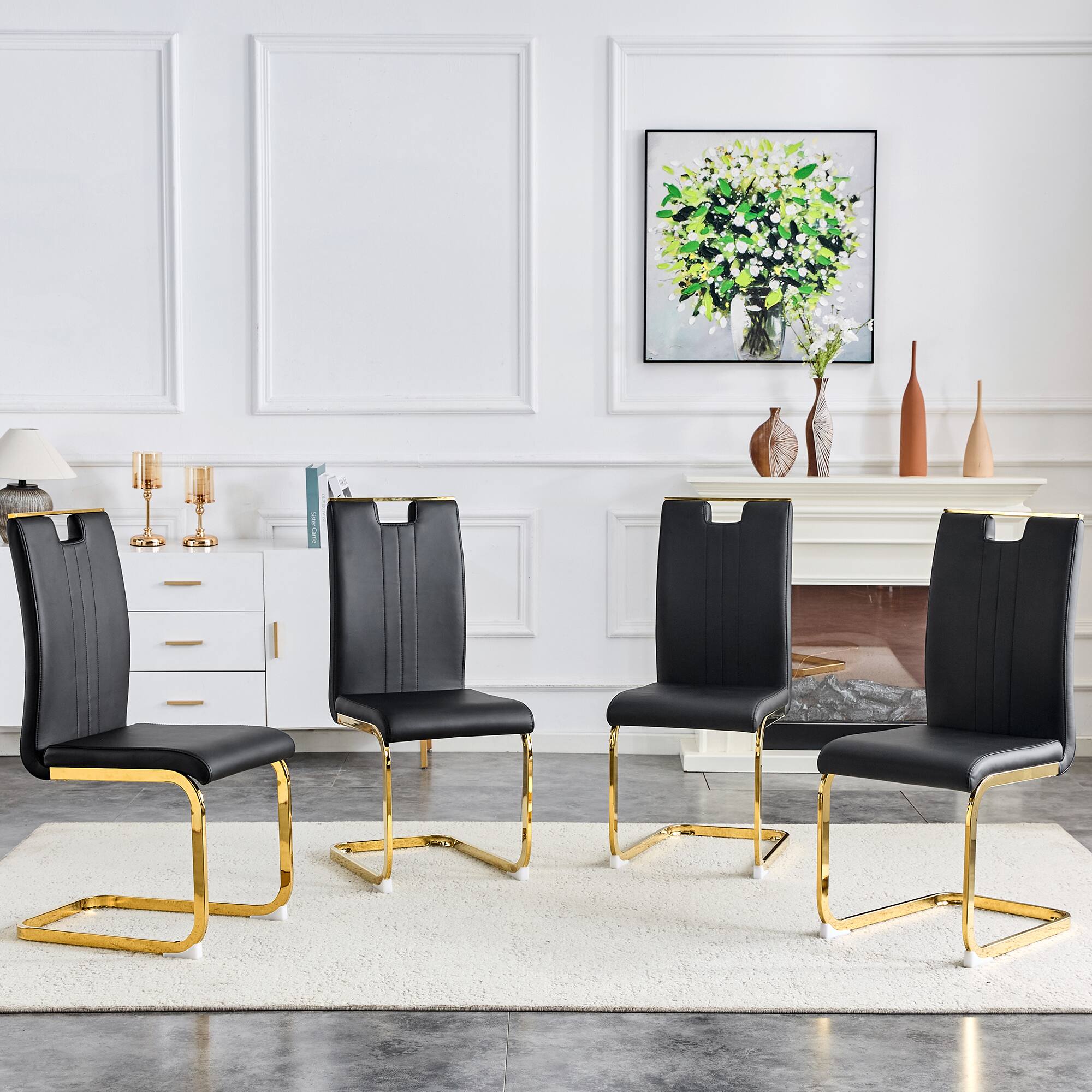 Alt View 1. Loheer - Modern Black Gold PU Leather Cantilever Dining Chairs Set of 2, 1.31x1.71x3.18 ft Kitchen Seating - Black,Gold.