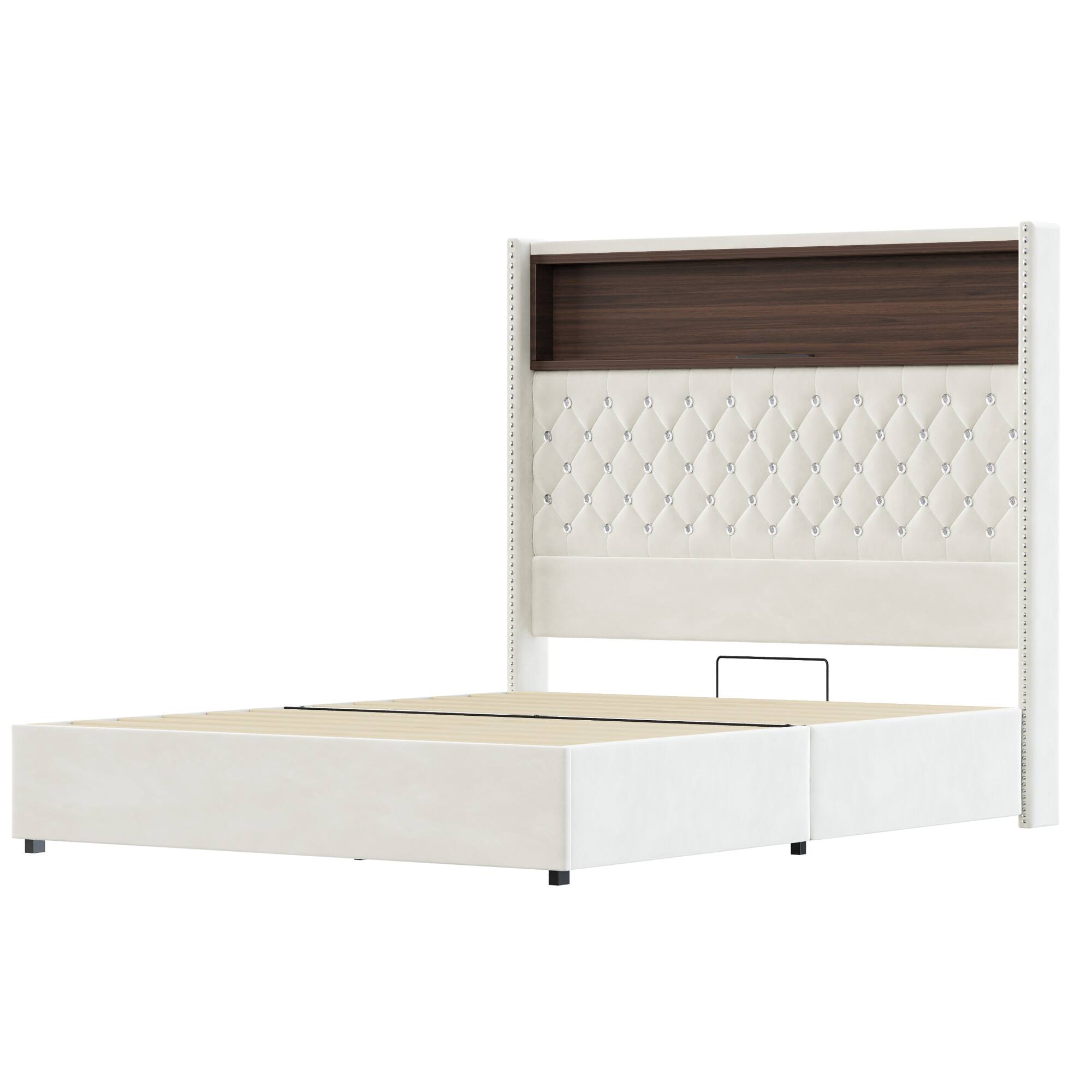 Alt View 8. GOODSILO - Luxurious Velvet Tufted Bed Frame with USB Port and Night Light, High Headboard Platform Bed - Beige.