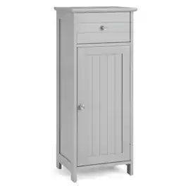 Costway - Wooden Bathroom Floor Storage Cabinet Organizer w/ Drawer Adjustable Shelf - Gray