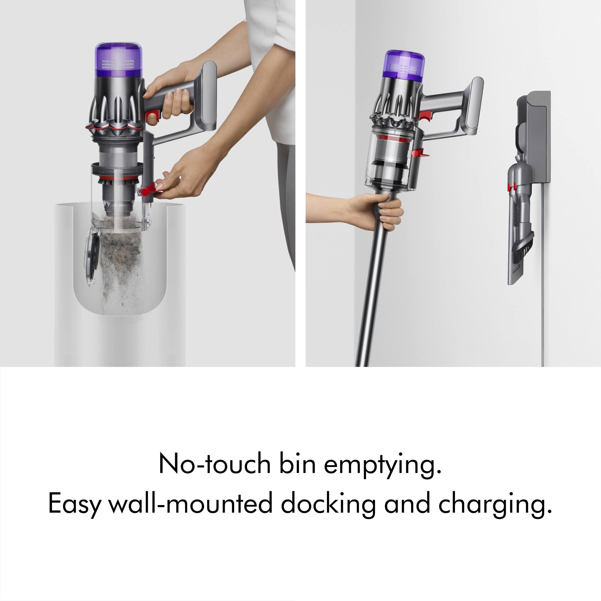 No-touch bin emptying.  
Easy wall-mounted docking and charging.