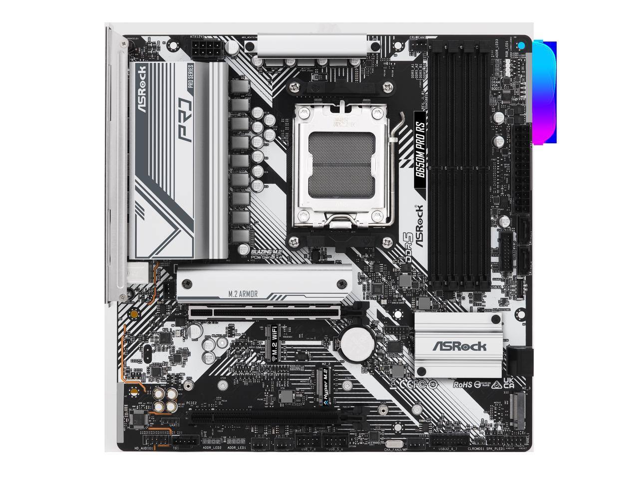 ASRock B650M PRO RS  
PRO SERIES  
M.2 ARMOR  
BLAZING M.2  
Wi-Fi  
ROHS  
UK CA  
CLRCHOS1  
SPE PLESI
