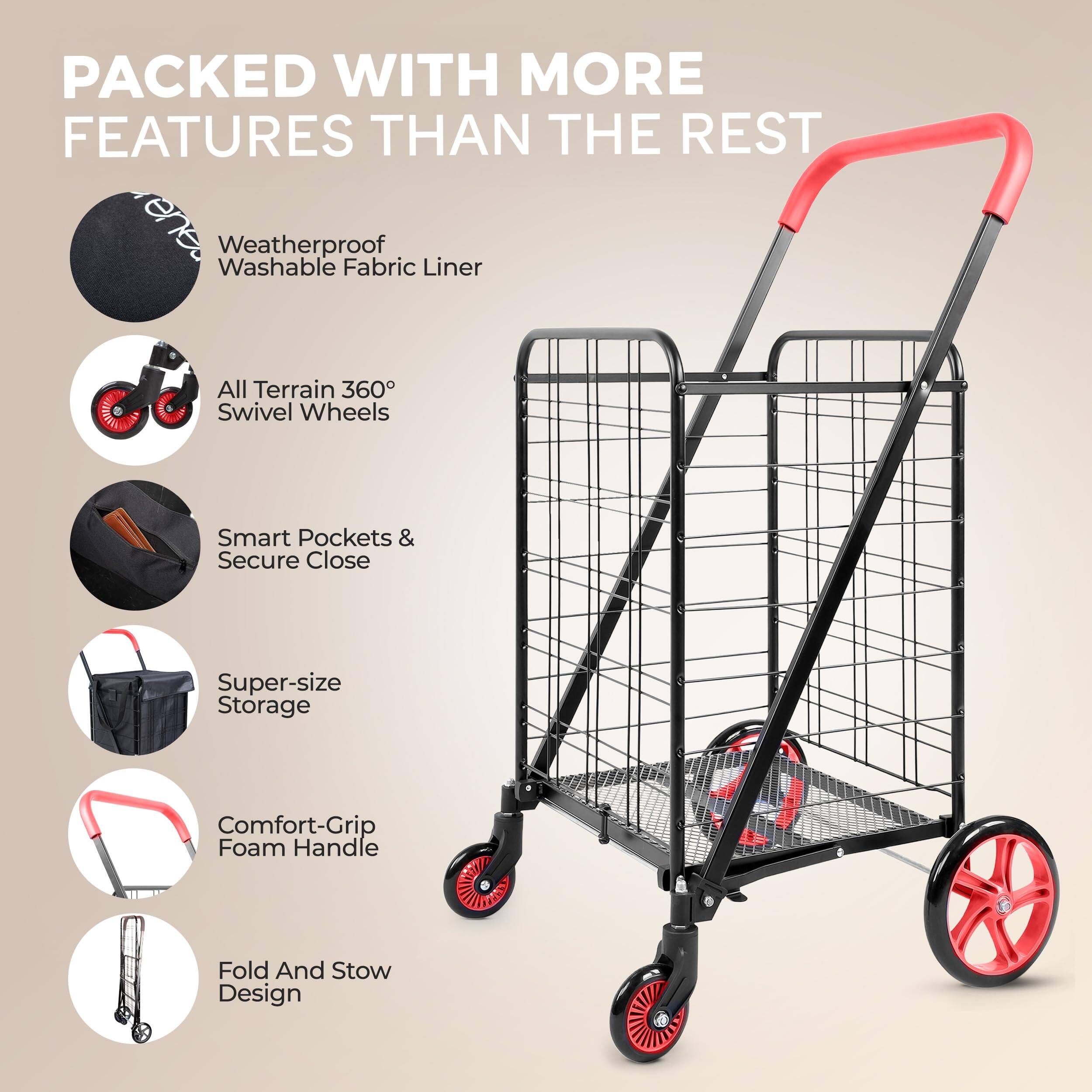 PACKED WITH MORE FEATURES THAN THE REST

- Weatherproof Washable Fabric Liner
- All Terrain 360° Swivel Wheels
- Smart Pockets & Secure Close
- Super-size Storage
- Comfort-Grip Foam Handle
- Fold And Stow Design