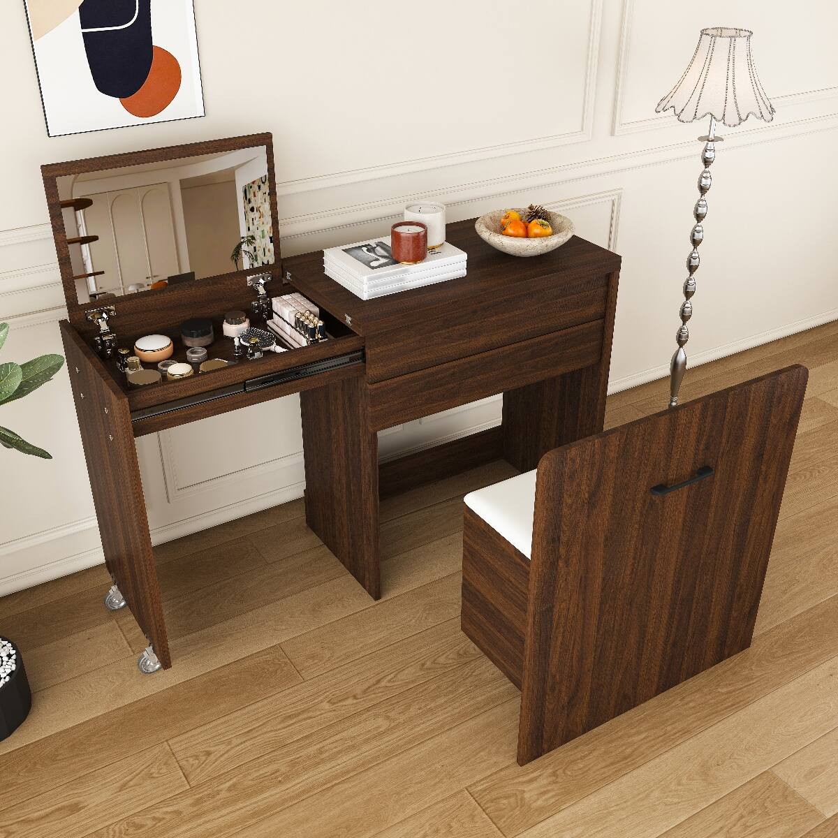 Left. Loheer - Loheer 47 inch foldable makeup vanity desk with flip mirror, Walnut - Walnut.