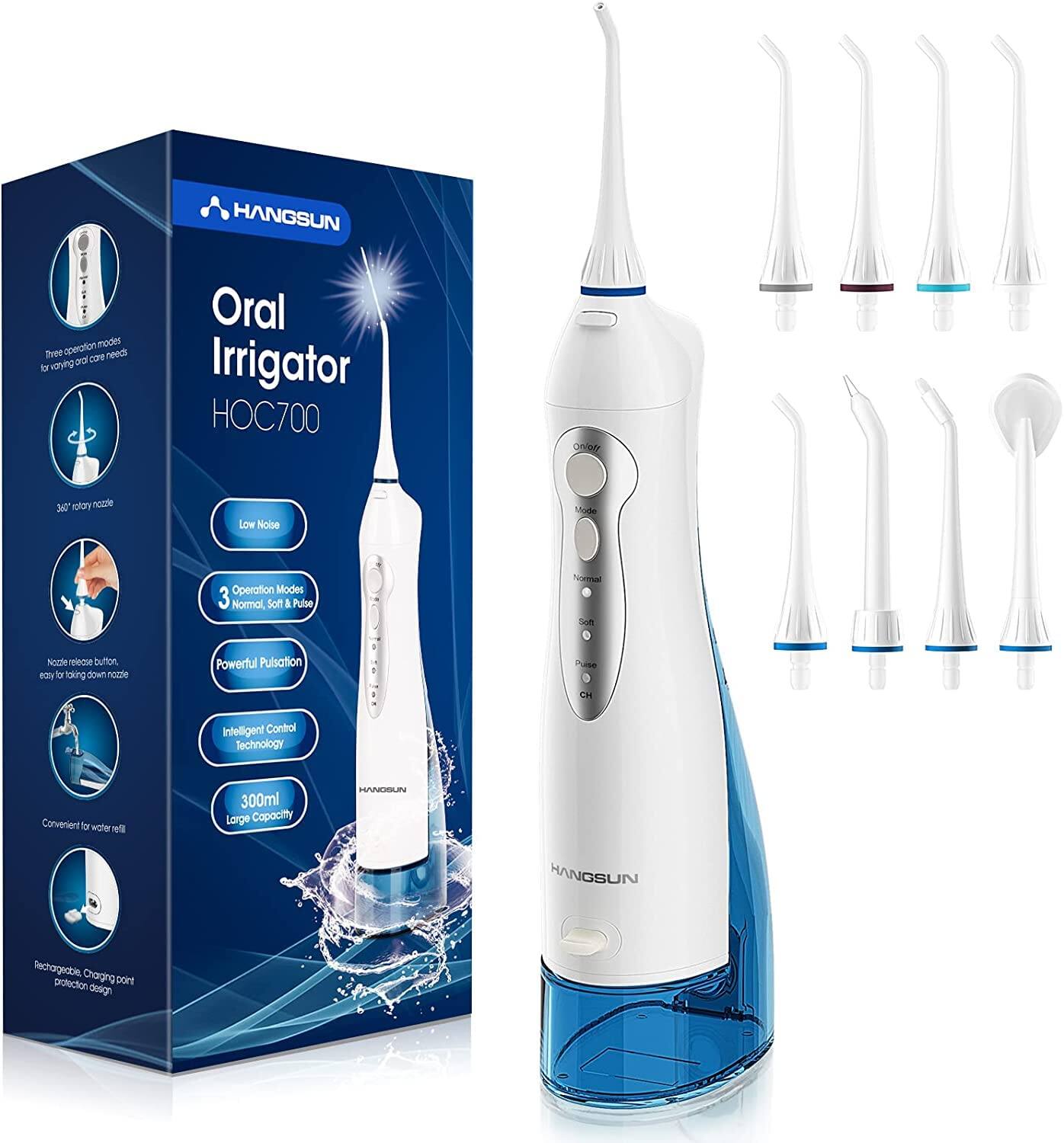 HANGSUN Oral Irrigator HOC700

- Three operation modes for varying oral care needs
- 300ml large capacity
- Low Noise
- 3 Operation Modes: Normal, Soft & Pulse
- Powerful Pulsation
- Intelligent Control Technology
- Convenient for water refill
- 300ml Large Capacity
- Rechargeable, Charging point protection design