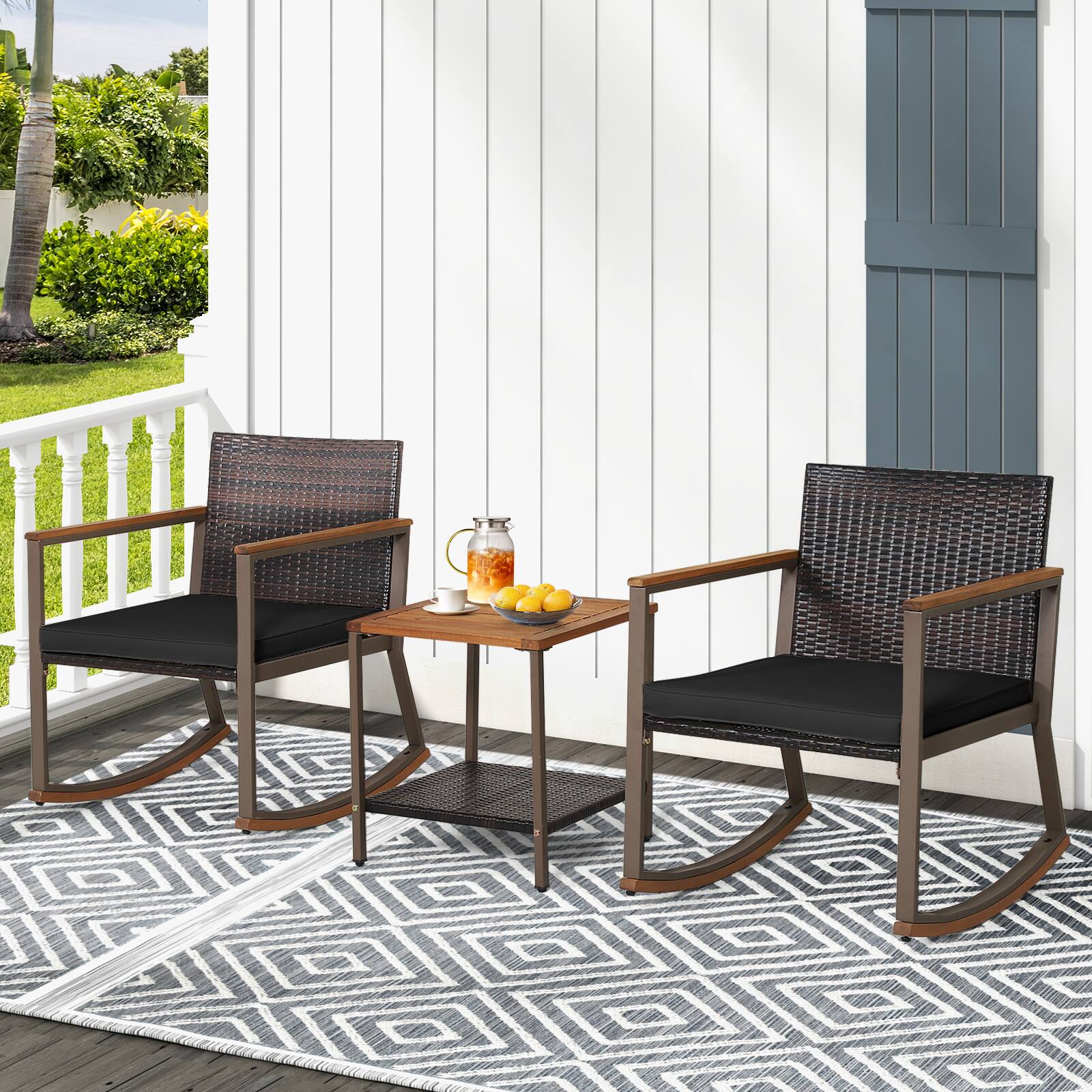 Alt View 3. Costway - Costway 3PCS Patio Rattan Rocking Chair Bistro Set Armrest Cushion Table with Storage Shelf - Mix Brown+Black.
