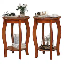 Gymax - 2-Tier Round End Table Set of 2 Narrow Sofa Side Nightstand w/ Storage Shelf - Walnut