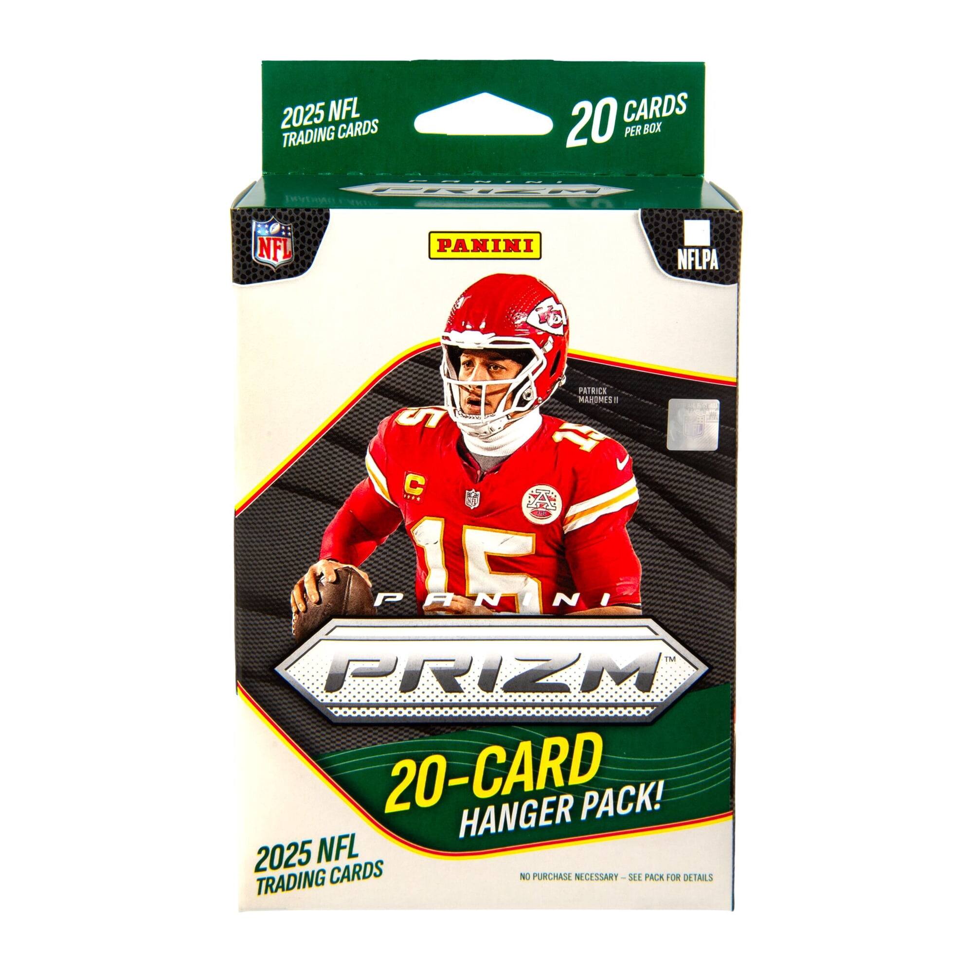 2025 NFL Trading Cards  
20 Cards Per Box  
Panini  
NFLPA  
Patrick Mahomes II  
Prizm  
20-Card Hanger Pack!  
No Purchase Necessary - See Pack for Details