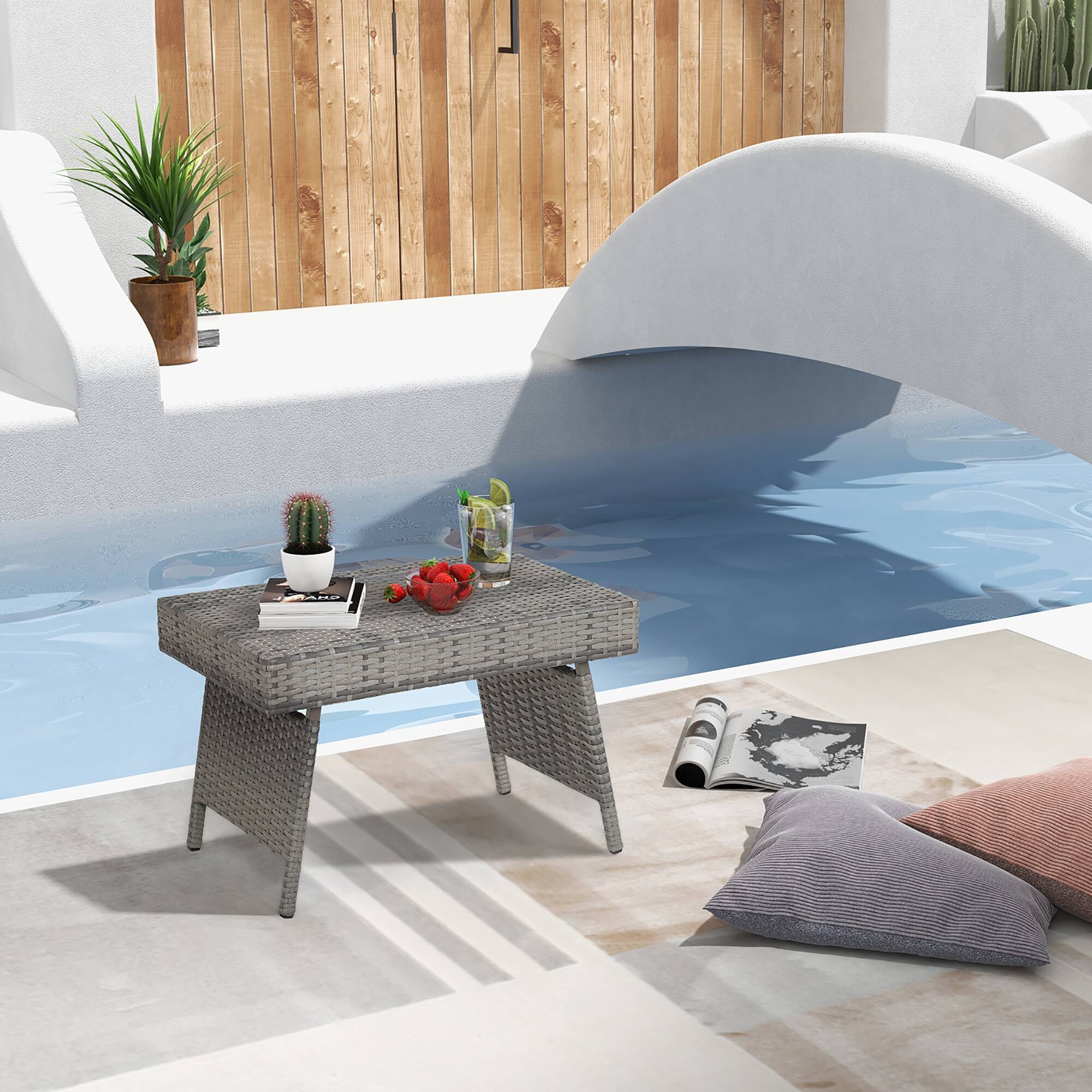 Alt View 2. Costway - Costway Patio Folding Rattan Wicker Side Table End Coffee Table Portable Garden Mix - Gray.