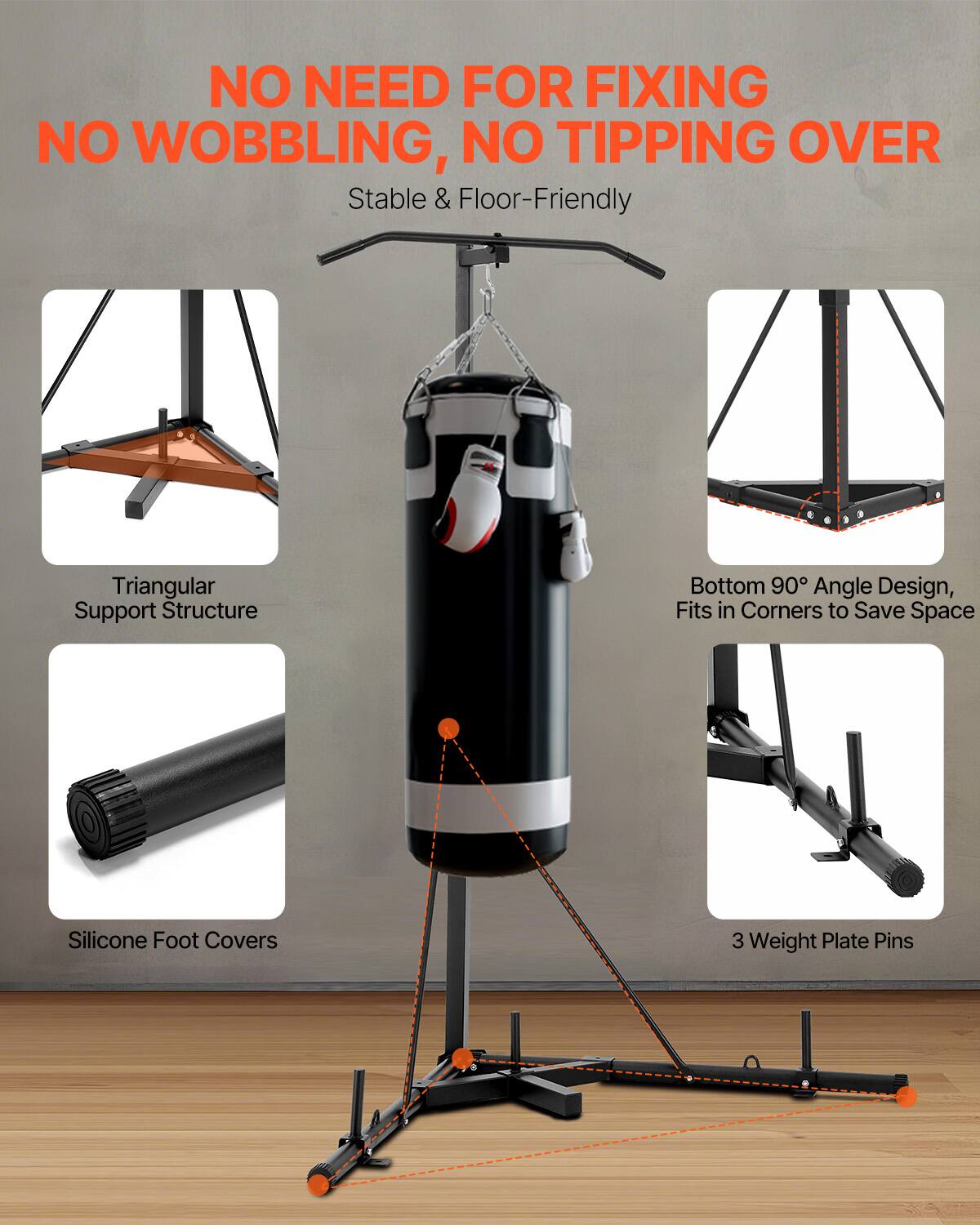 NO NEED FOR FIXING NO WOBBLING, NO TIPPING OVER
Stable & Floor-Friendly
Triangular Support Structure
Bottom 90° Angle Design, Fits in Corners to Save Space
Silicone Foot Covers
3 Weight Plate Pins