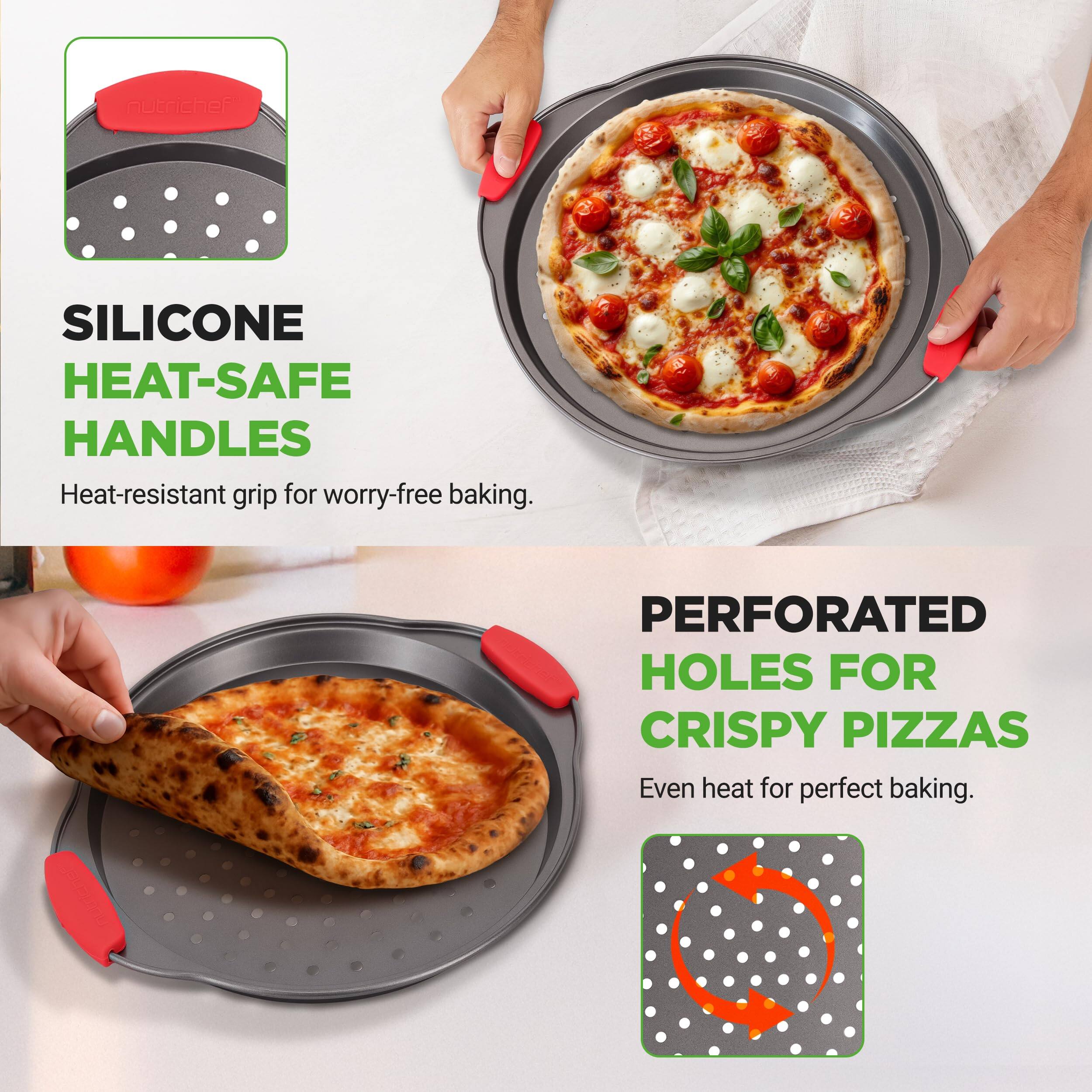 autricher SILICONE HEAT-SAFE HANDLES  
Heat-resistant grip for worry-free baking.  

PERFORATED HOLES FOR CRISPY PIZZAS  
Even heat for perfect baking.