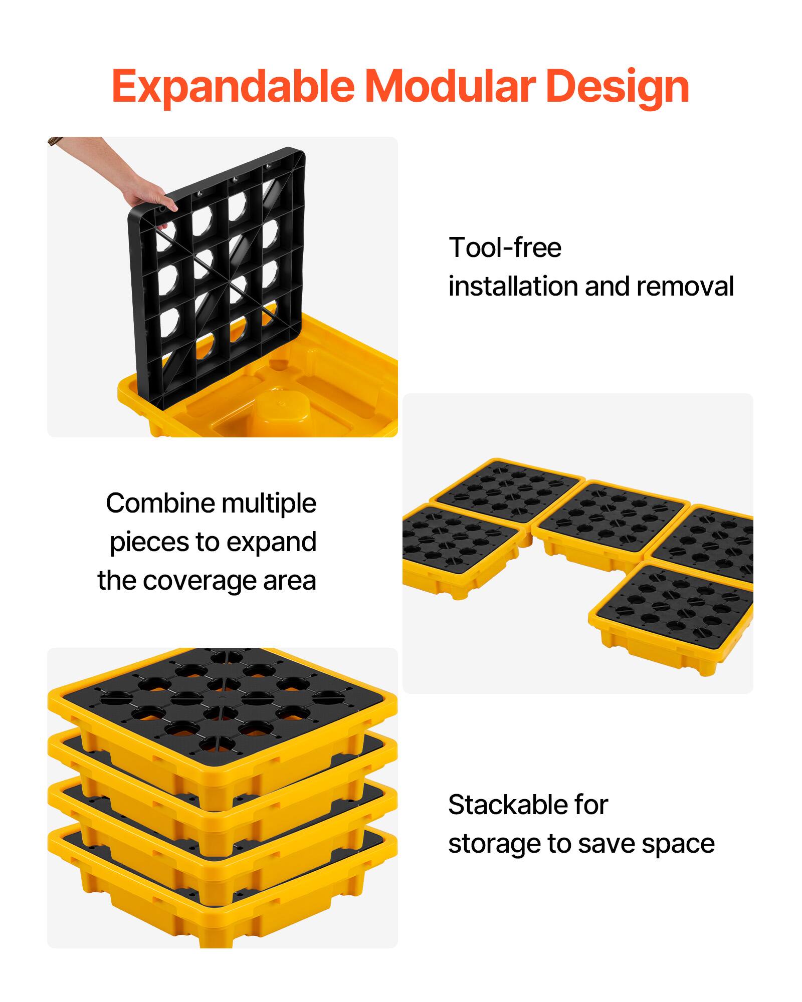 Expandable Modular Design

- Tool-free installation and removal
- Combine multiple pieces to expand the coverage area
- Stackable for storage to save space