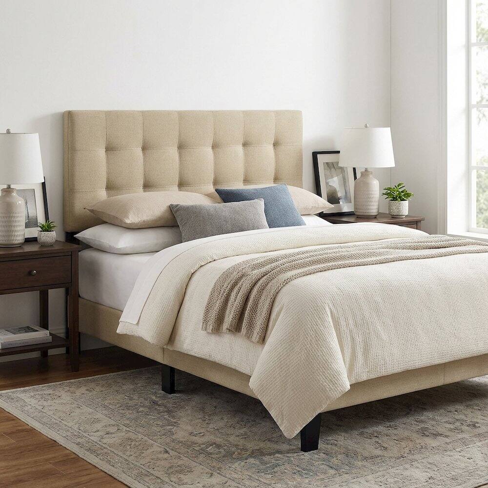Left. FurniFact - Upholstered Fabric Full Headboard with Padded Design for Comfortable Support - Beige.
