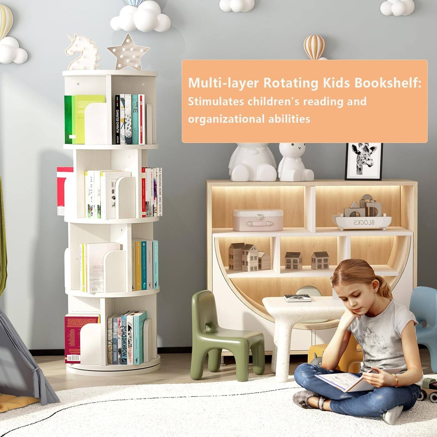 Multi-layer Rotating Kids Bookshelf: Stimulates children's reading and organizational abilities