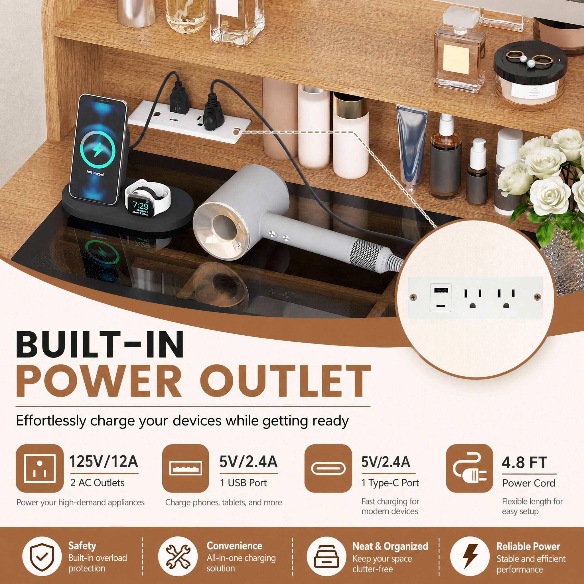 78% Charged  
7:29  
BEZ-L  

BUILT-IN POWER OUTLET  
Effortlessly charge your devices while getting ready  

125V/12A  
2 AC Outlets  
5V/2.4A  
1 USB Port  
Power your high-demand appliances  
Charge phones, tablets, and more  

5V/2.4A  
1 Type-C Port  
Fast charging for modern devices  

4.8 FT  
Power Cord  
Flexible length for easy setup  

Safety  
Built-in overload protection  

Convenience  
All-in-one charging solution  

Neat & Organized  
Keep your space clutter-free  

Reliable Power  
Stable and efficient performance