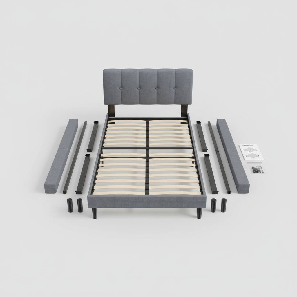 Alt View 1. AOITUN - Twin Size Upholstered Platform Bed Frame, Gray Button Tufted Fabric Headboard, No Box Spring Needed - gray.