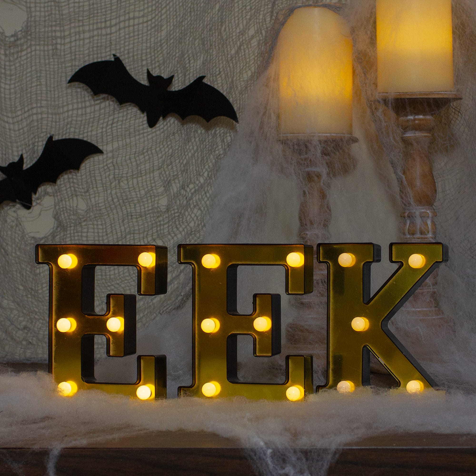 Northlight - LED Lighted EEK Halloween Marquee Sign - 6.5" - Warm White Lights - Gold Finish - Black