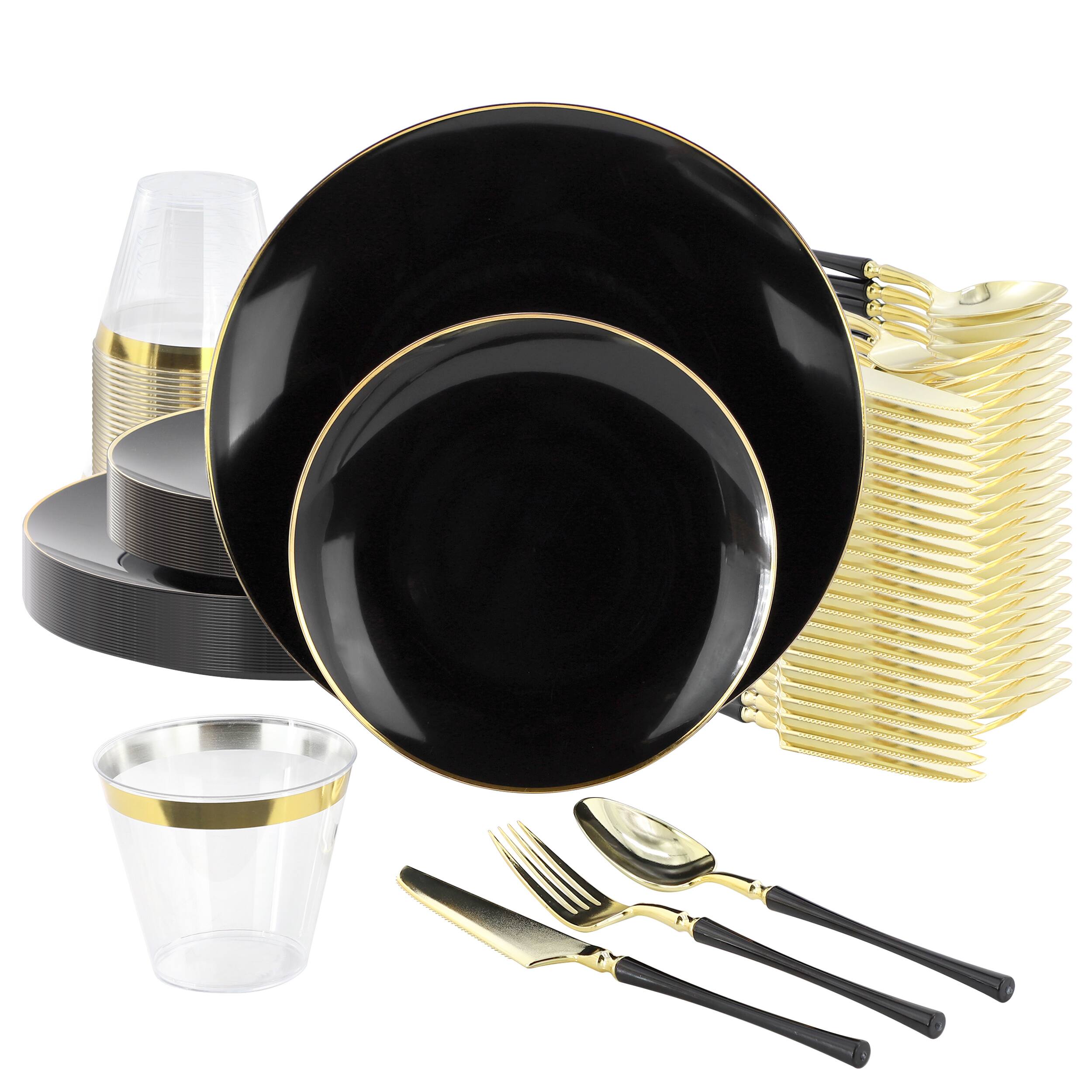 Elama - 150 Piece Disposable Plastic Dinnerware Party Set for 25 Guests with Gold Trim - Black price history on PriceWatchPro