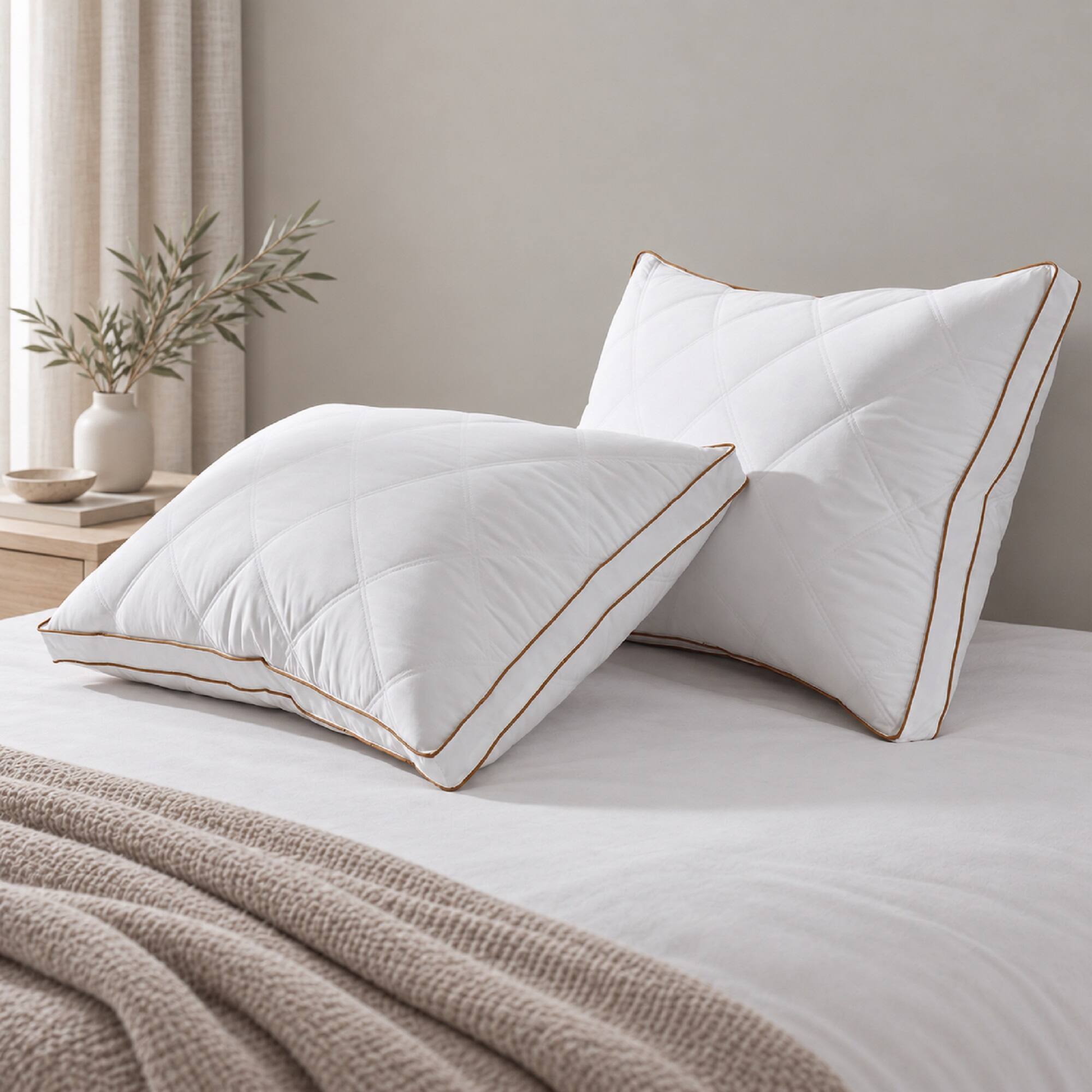 Angle. Peace Nest - Peace Nest Set of 2 Goose Feather and Down Gusseted Bed Pillow with Diamond Quilting Breathable Cover - White.