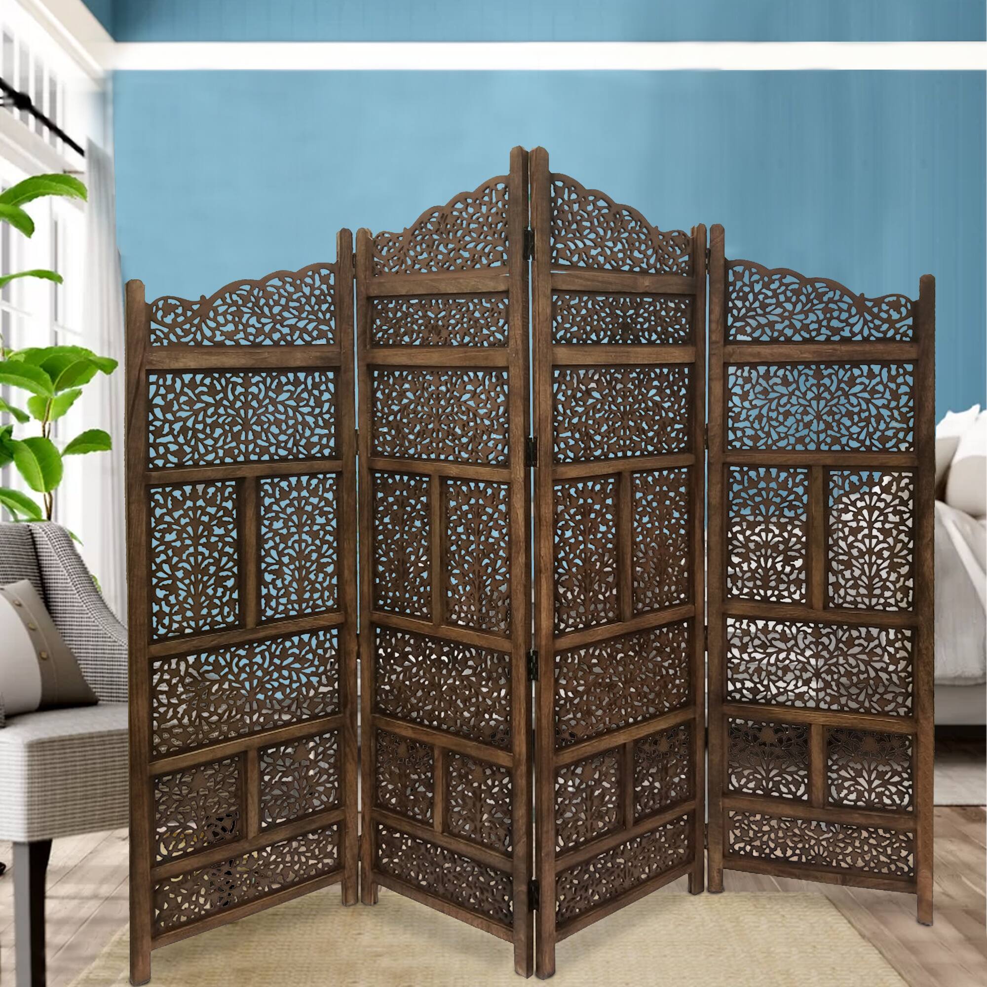 Alt View 8. Manhattan Lane - Benzara Hand Carved Foldable 4 Panel Wooden Partition Screen/RoomDivider - Brown.
