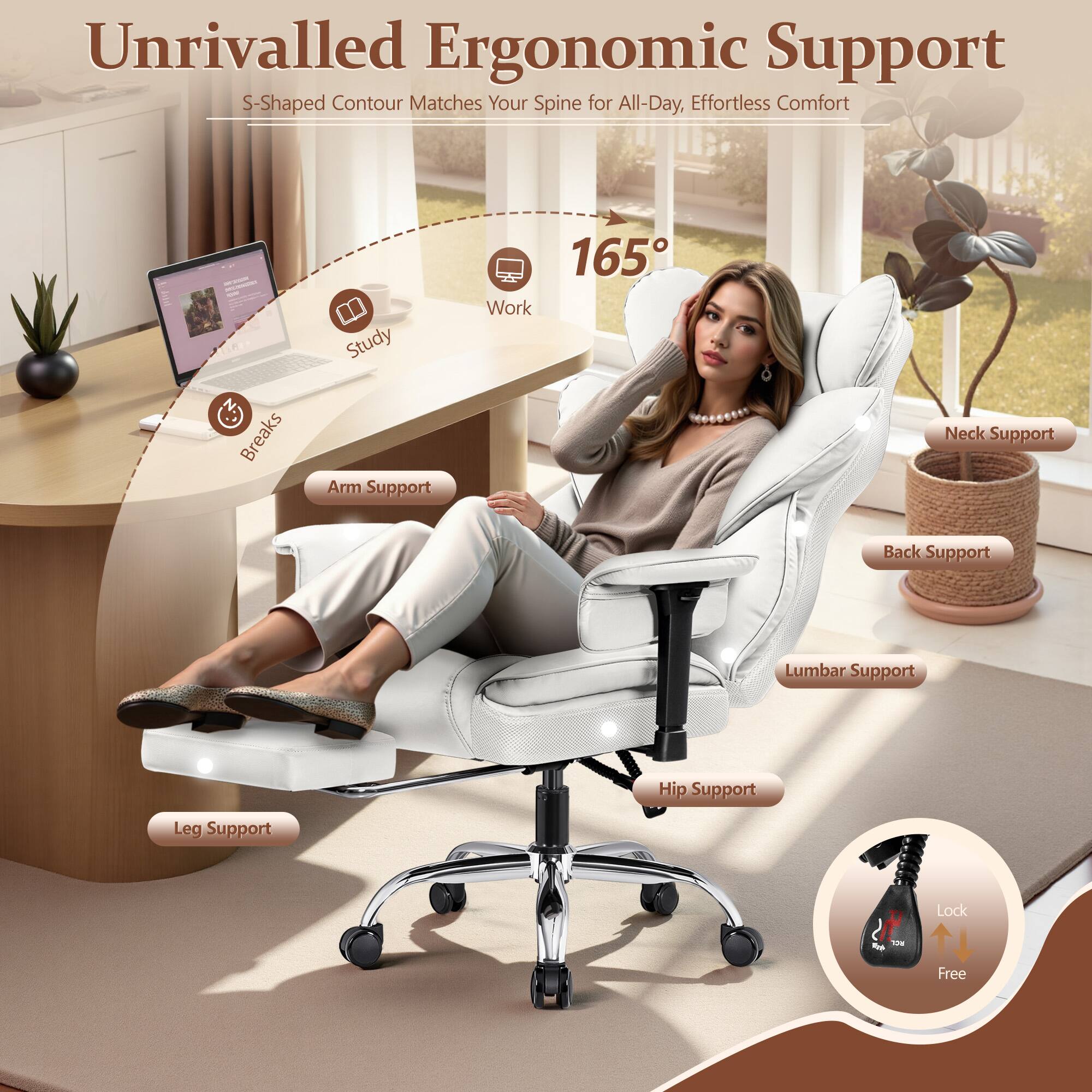 Unrivalled Ergonomic Support  
S-Shaped Contour Matches Your Spine for All-Day, Effortless Comfort  
165°  
Breaks  
Study  
Work  
Arm Support  
Neck Support  
Back Support  
Lumbar Support  
Hip Support  
Leg Support  
Lock - Free