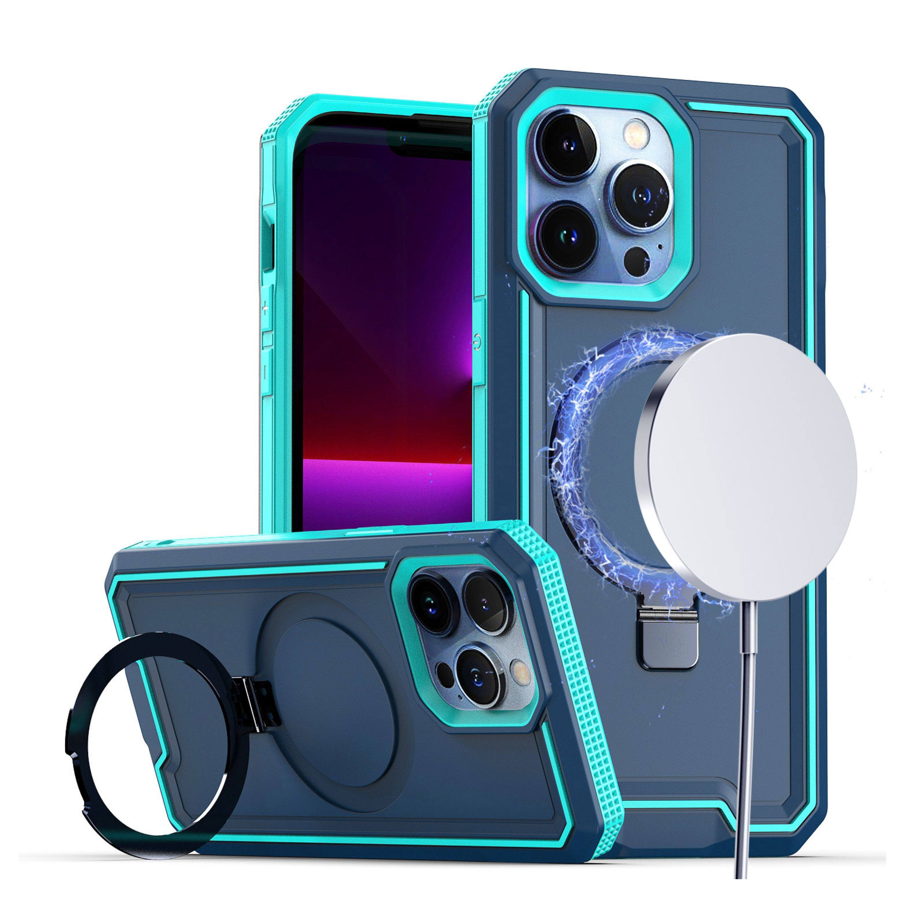 Angle. Kitcheniva - Shockproof Rugged Magnet Circle Stand Fuse Phone Case With 2 Pcs Screen Protectors For iPhone 15 Pro Max Blue - Blue.